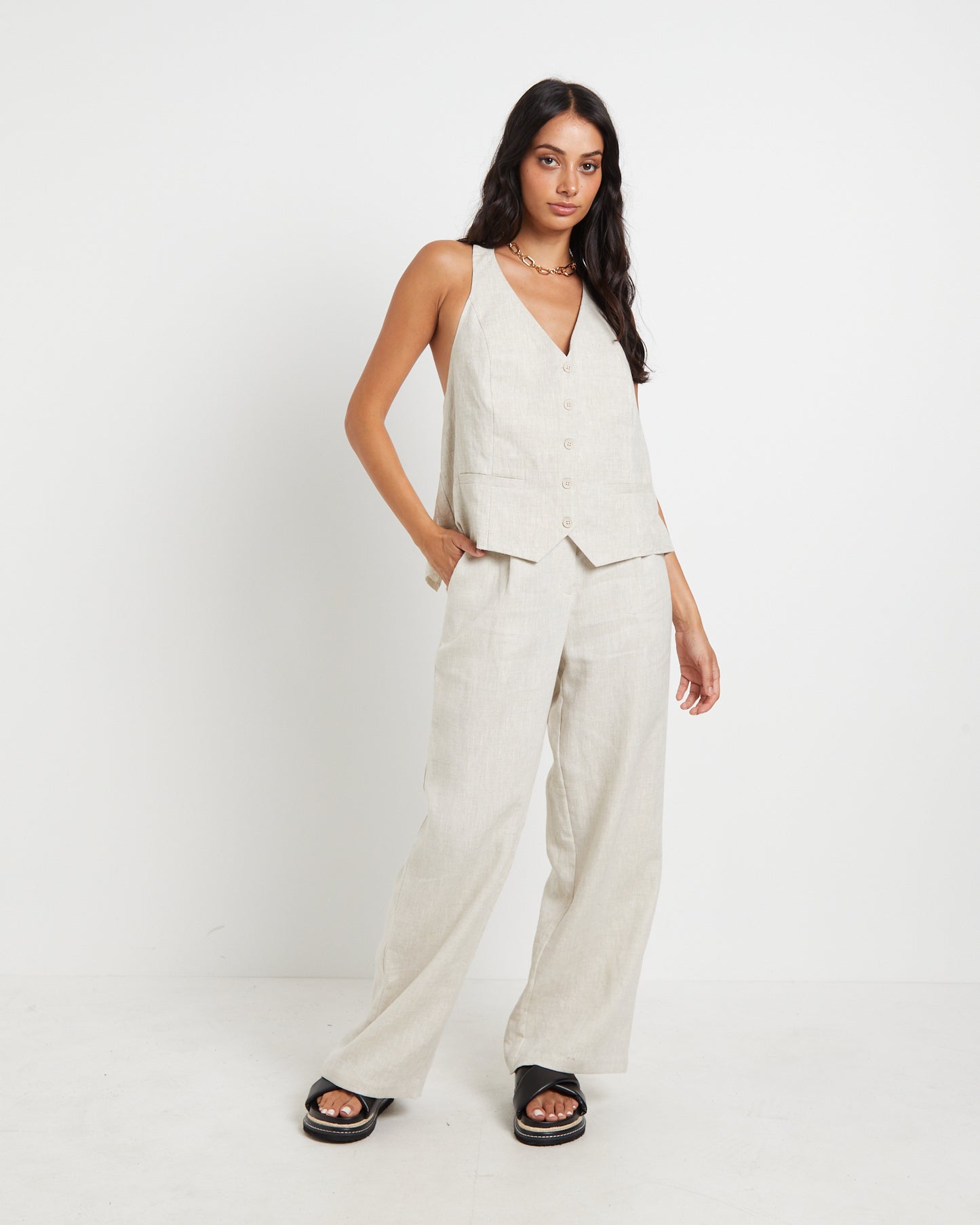 Naomi Linen Halter Vest in Oat Marle