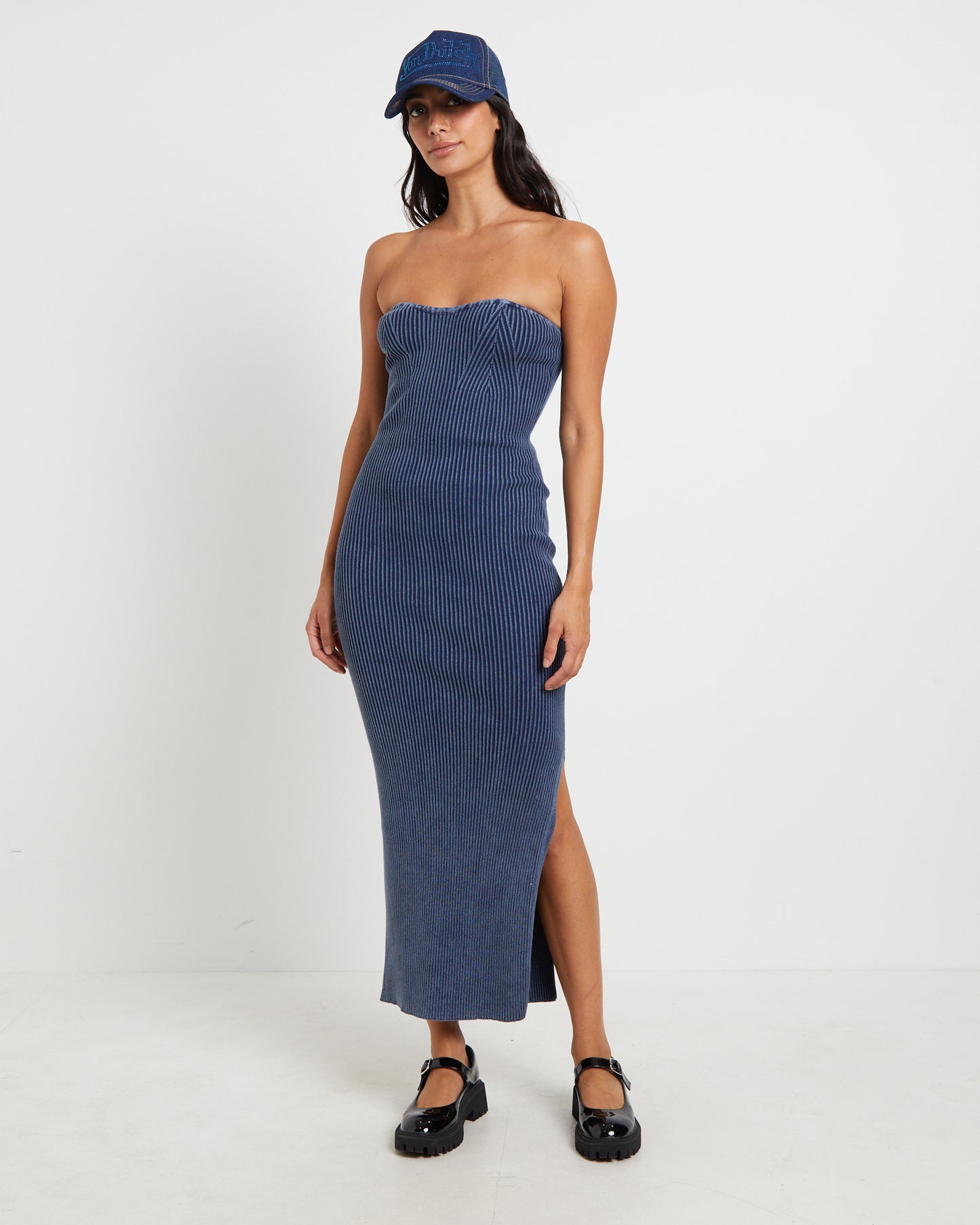 Kiah Acid Rib Knit Bandeau Midi Dress in Blue