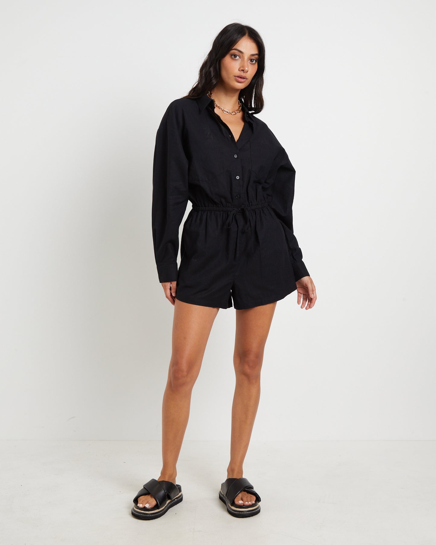 Joslin Boxy Long Sleeve Shirt Playsuit in Black