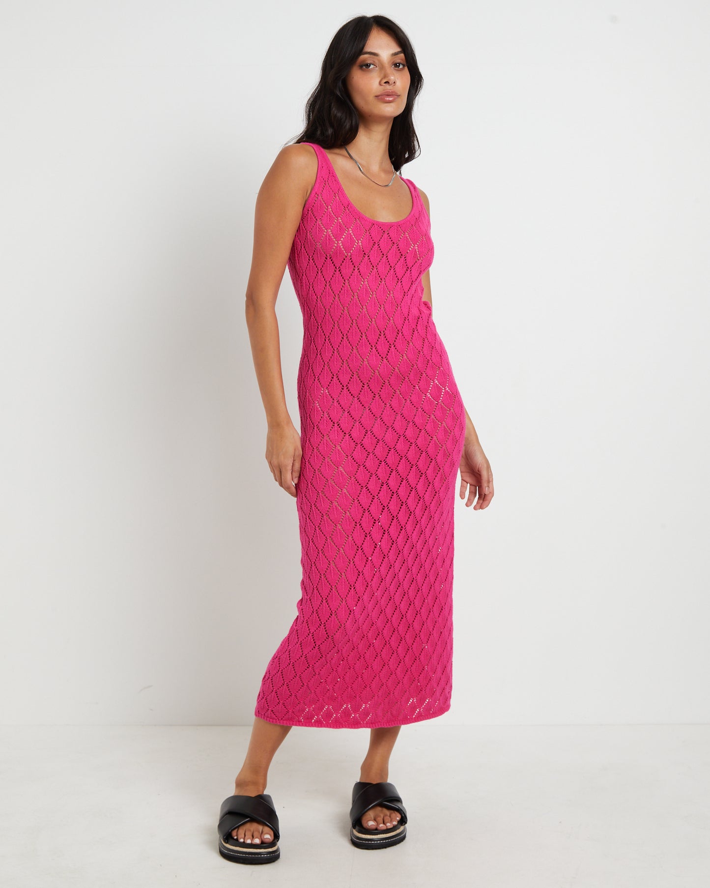 Bodie Crochet Midi Backless Dress in Pink