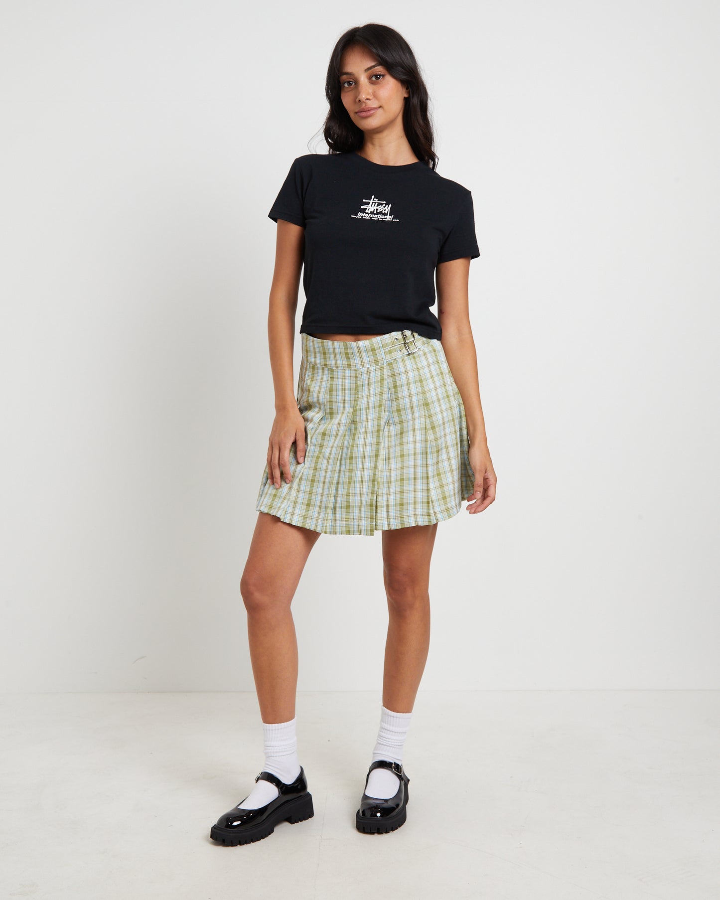 Plaid Pleated Skirt in Army Green
