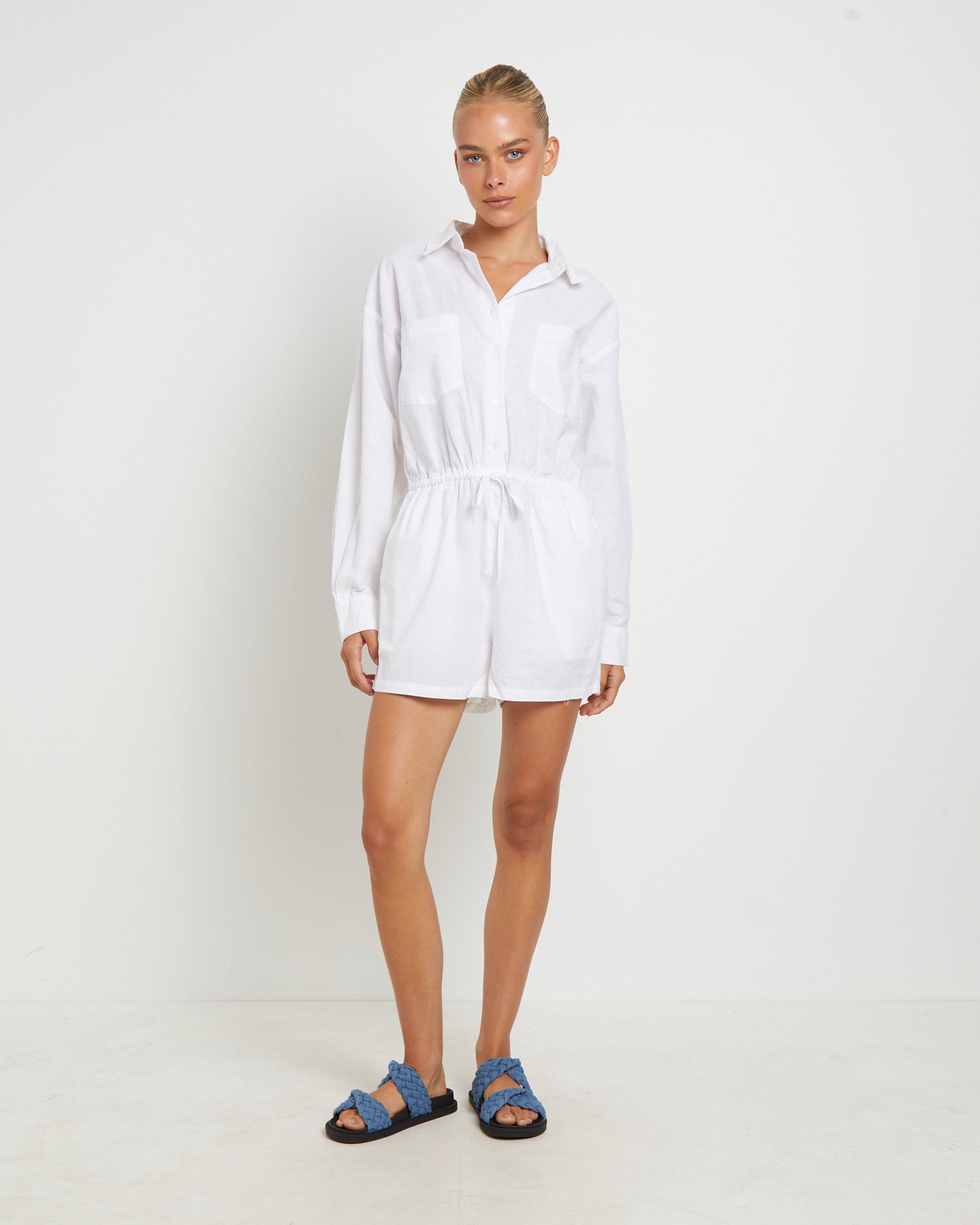 Joslin Boxy Long Sleeve Shirt Playsuit in White