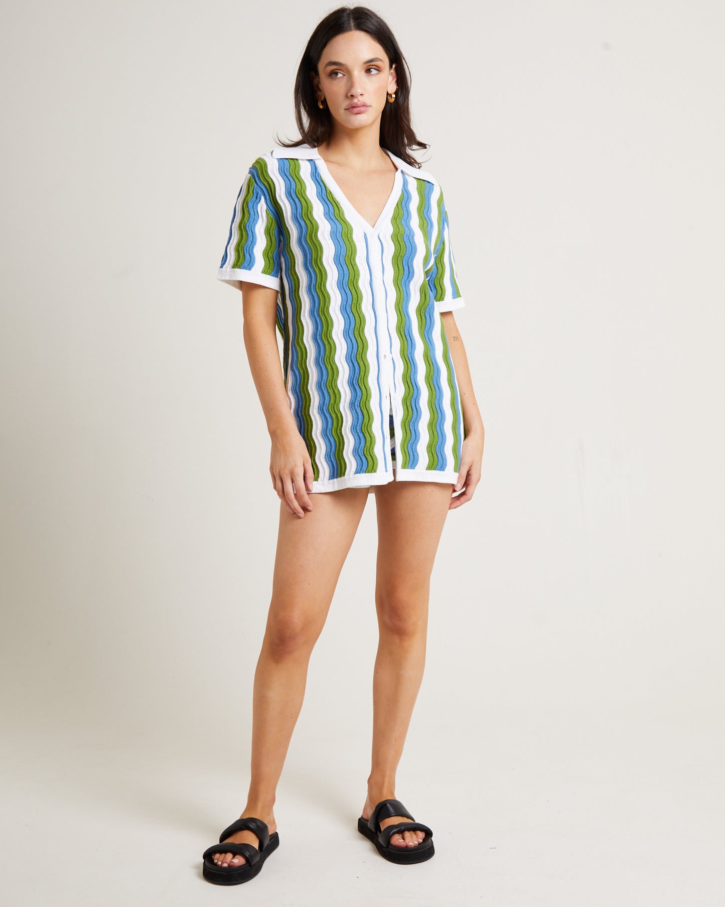 Cher Knit Shirt Dress in Blue