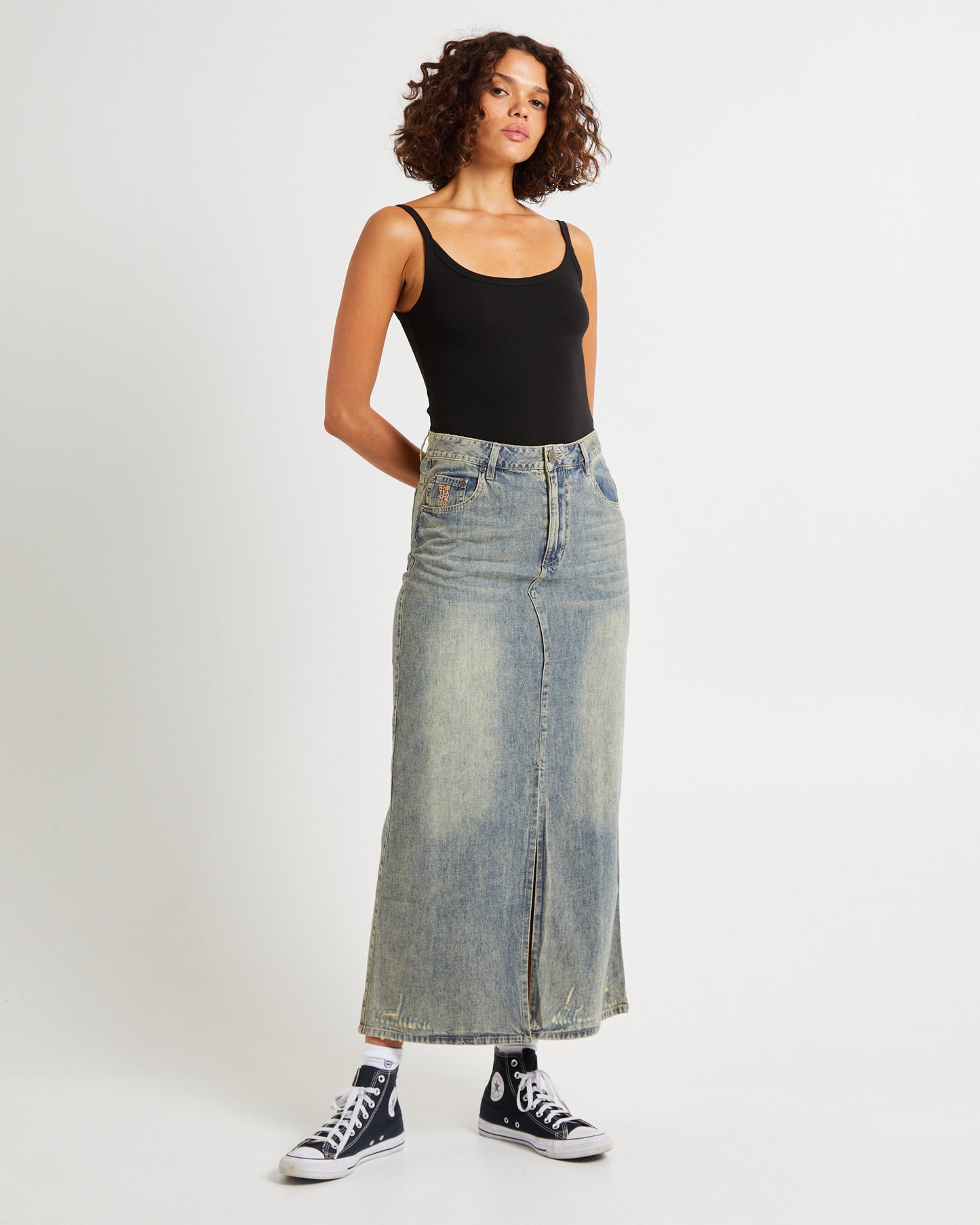 High Waisted Denim Column Skirt Dirty