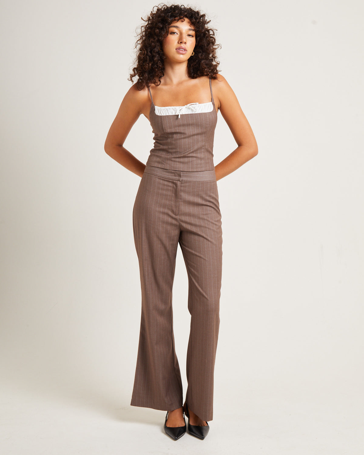 Jenna Pinstripe Ruched Top CHOCOLATE