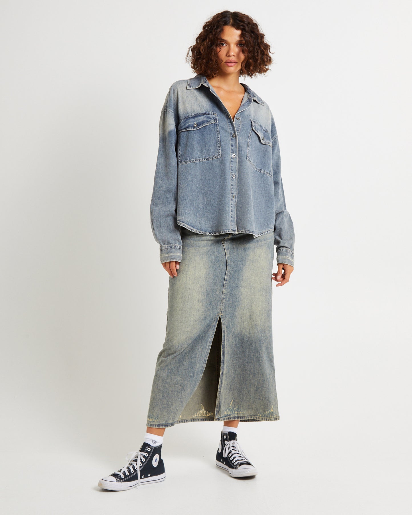 Oversized Denim Western Shirt Dirty Blue