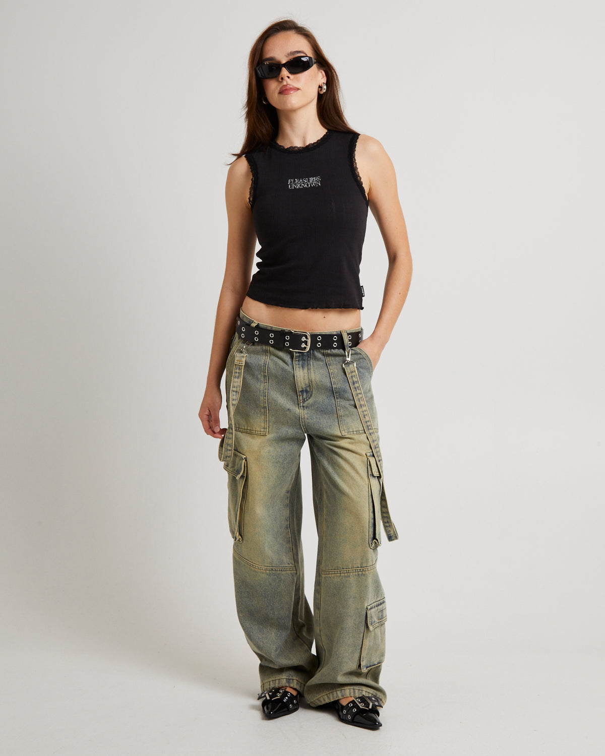 Unknown Diamonte Pointelle Tank Top BLACK