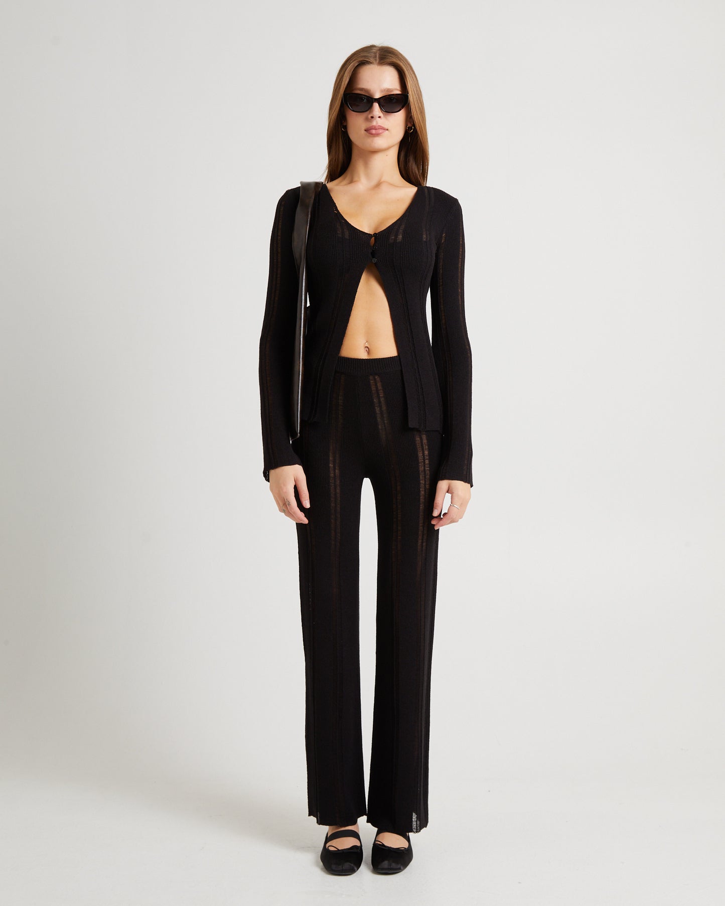 Ladder Knit Button Long Sleeve Top