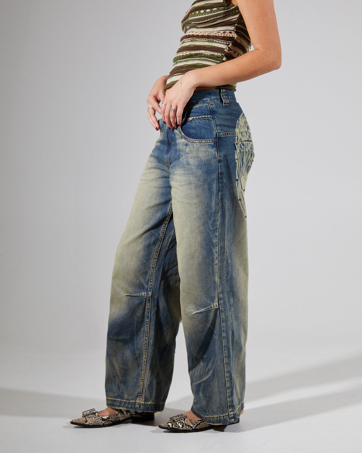 Wing Print Studded Lowrise Colossus Jeans BLUE
