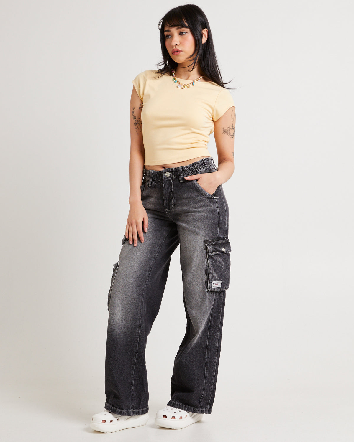 Y2K Low Rise Cargo Jeans WASHED BLACK