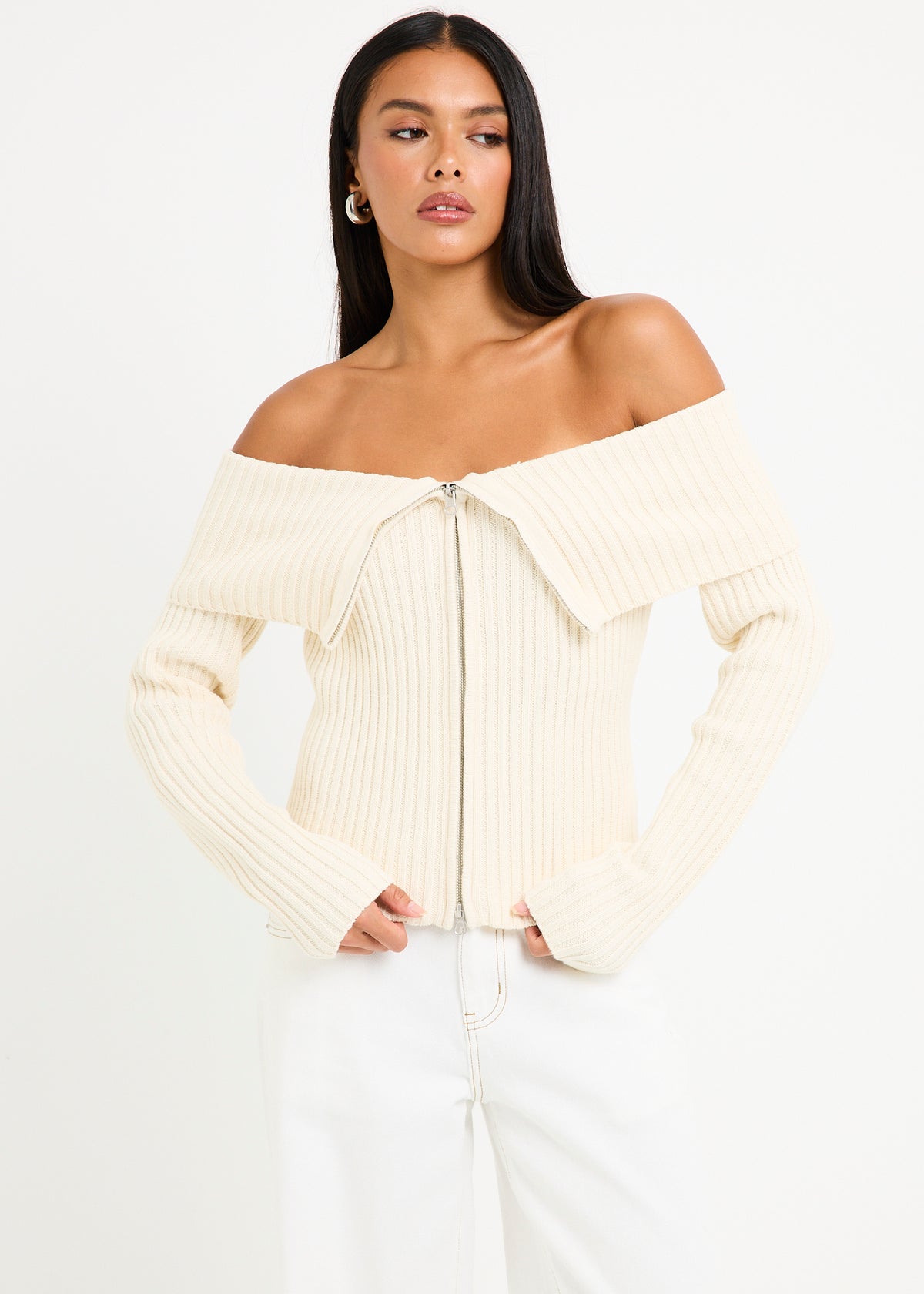 Paloma Zip Off Shoulder Top NATURAL