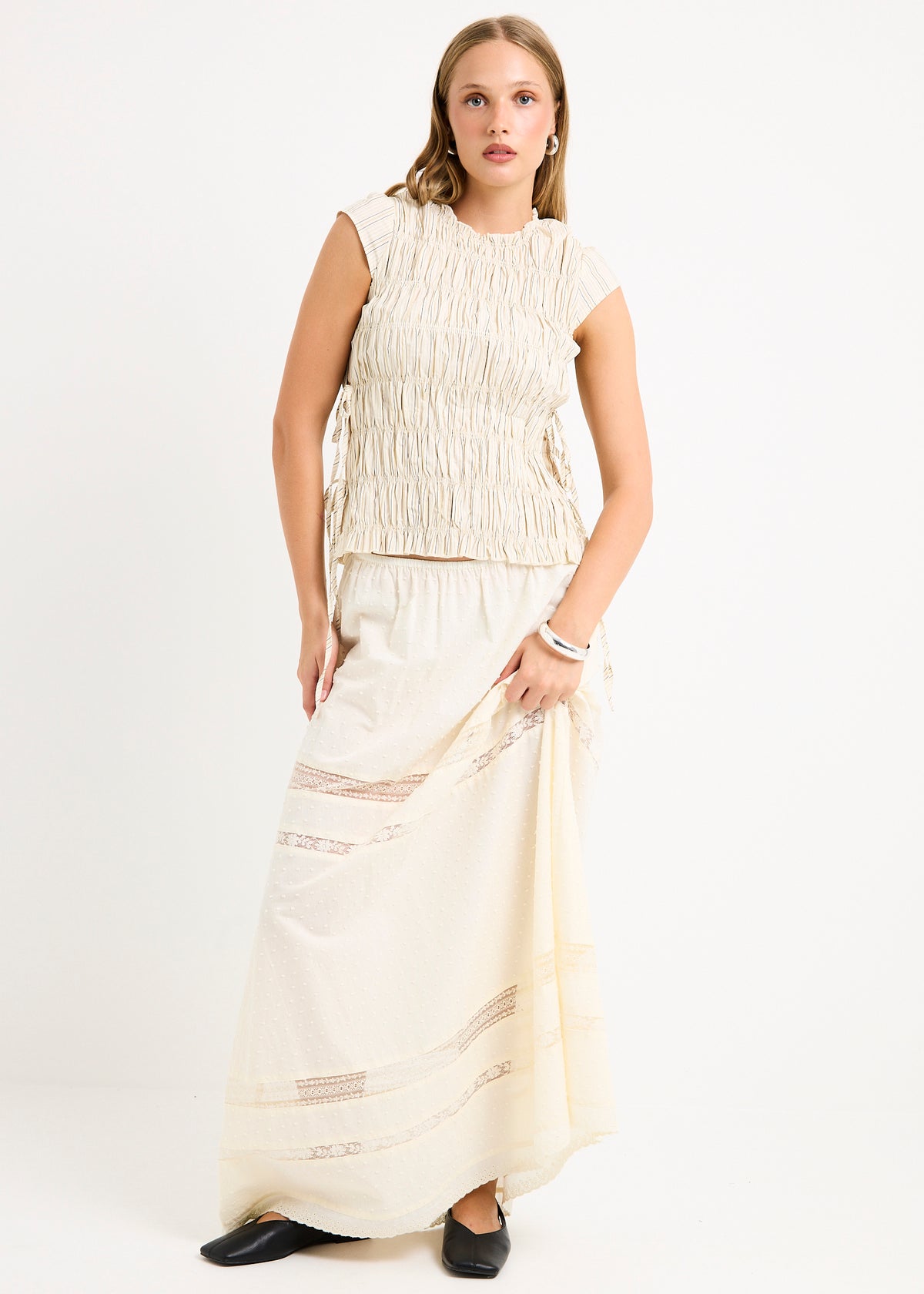 Belly Shirred Tie Top ECRU