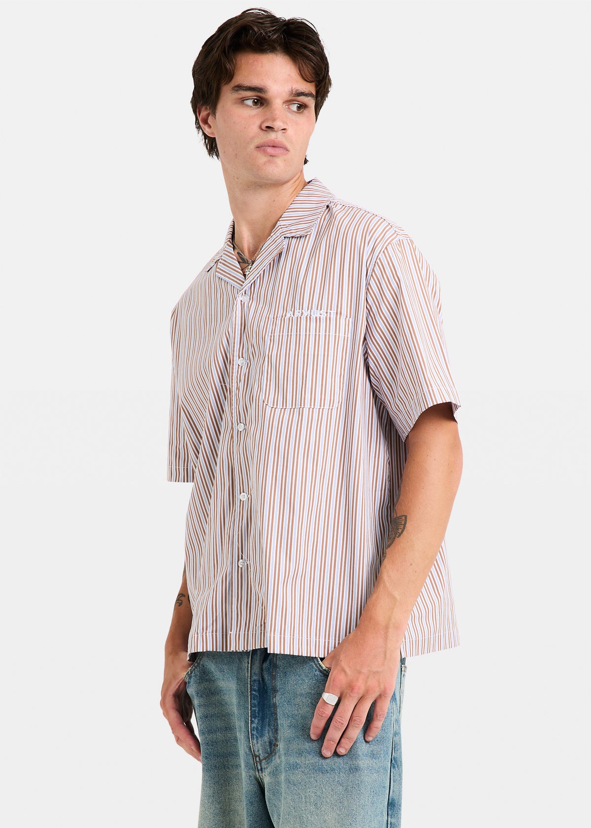 Box Striped Short Sleeve Shirt BROWN