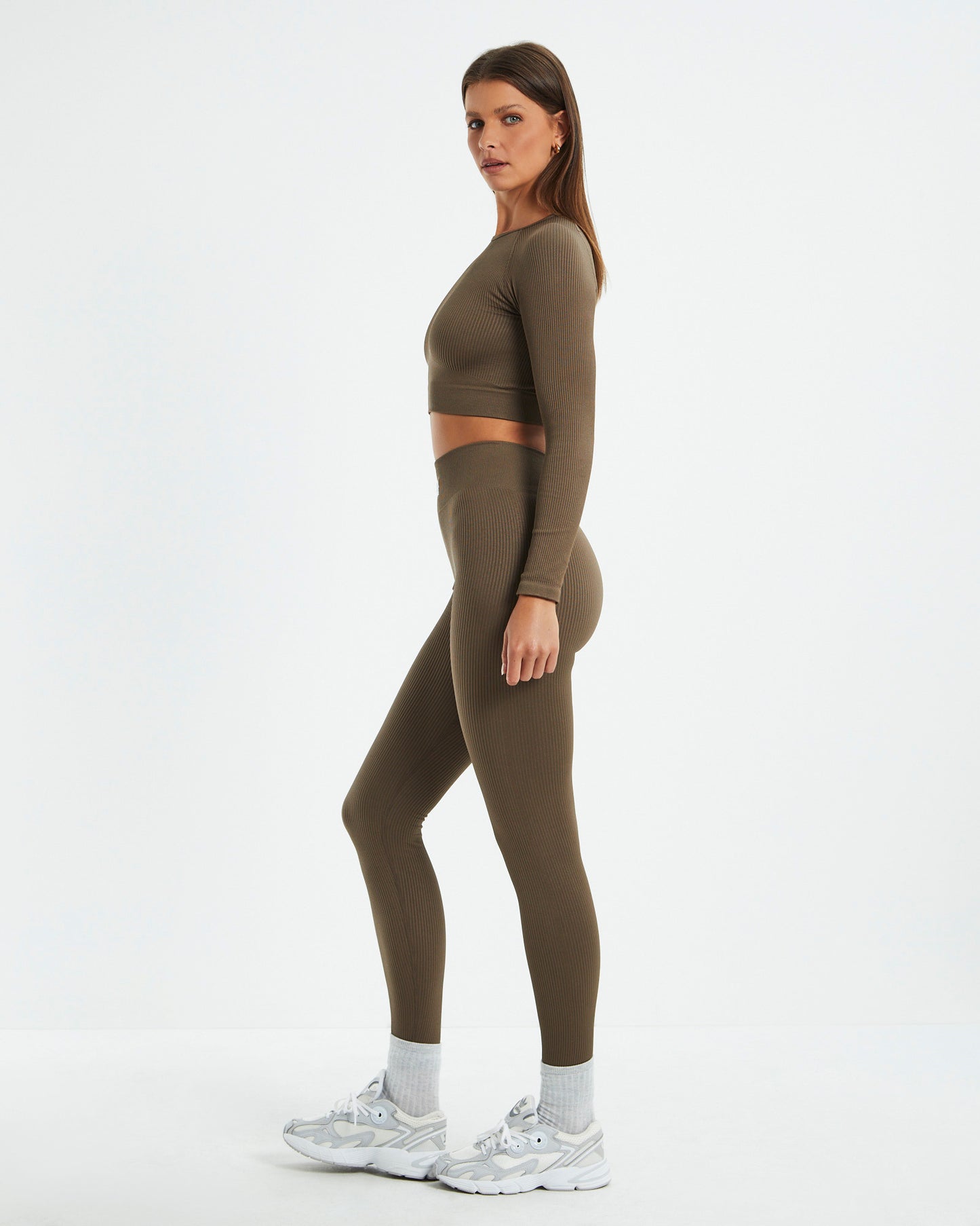 Long Sleeve Rib Crop Top Cocoa Brown