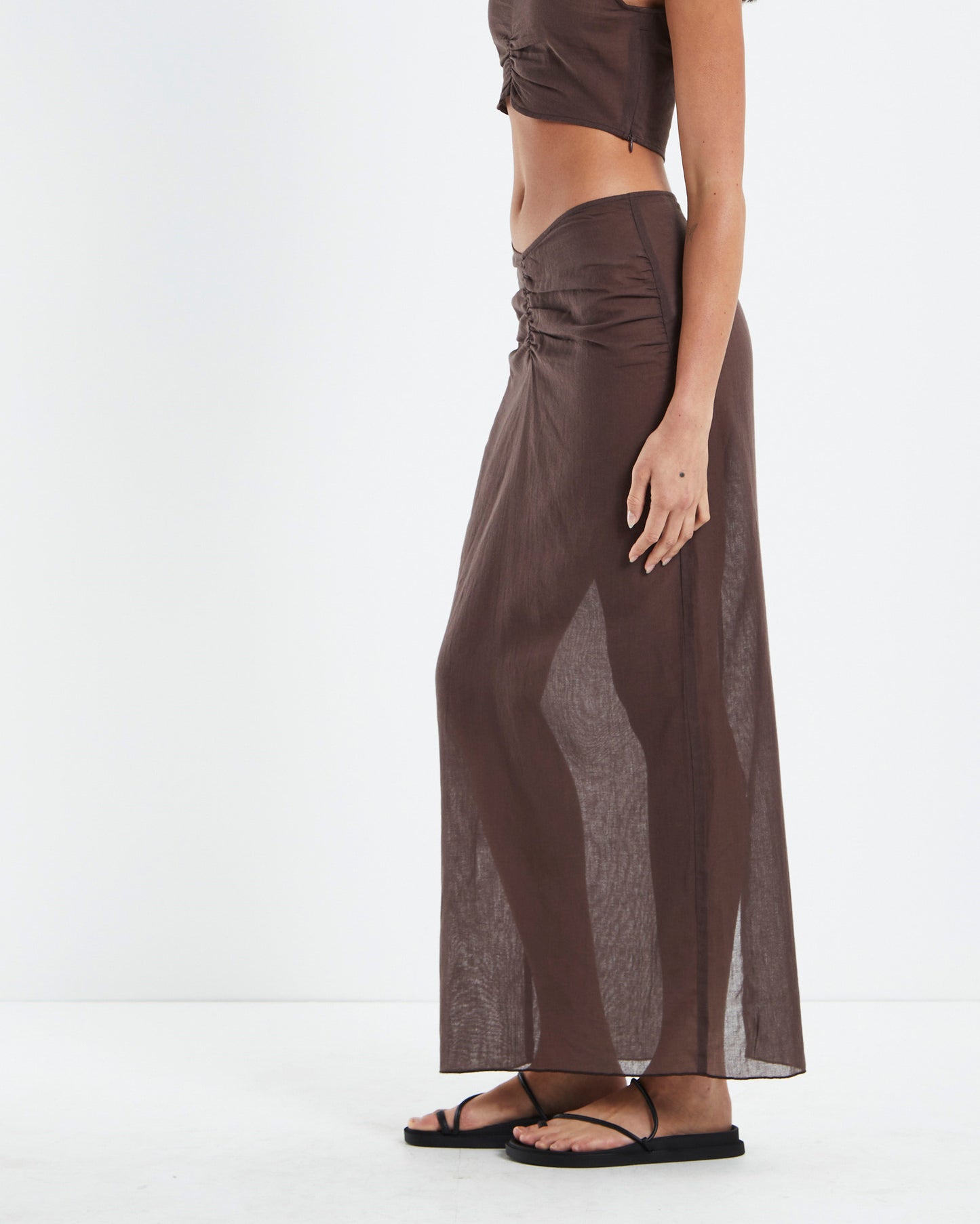 Solana Gather Front Midi Skirt Brown