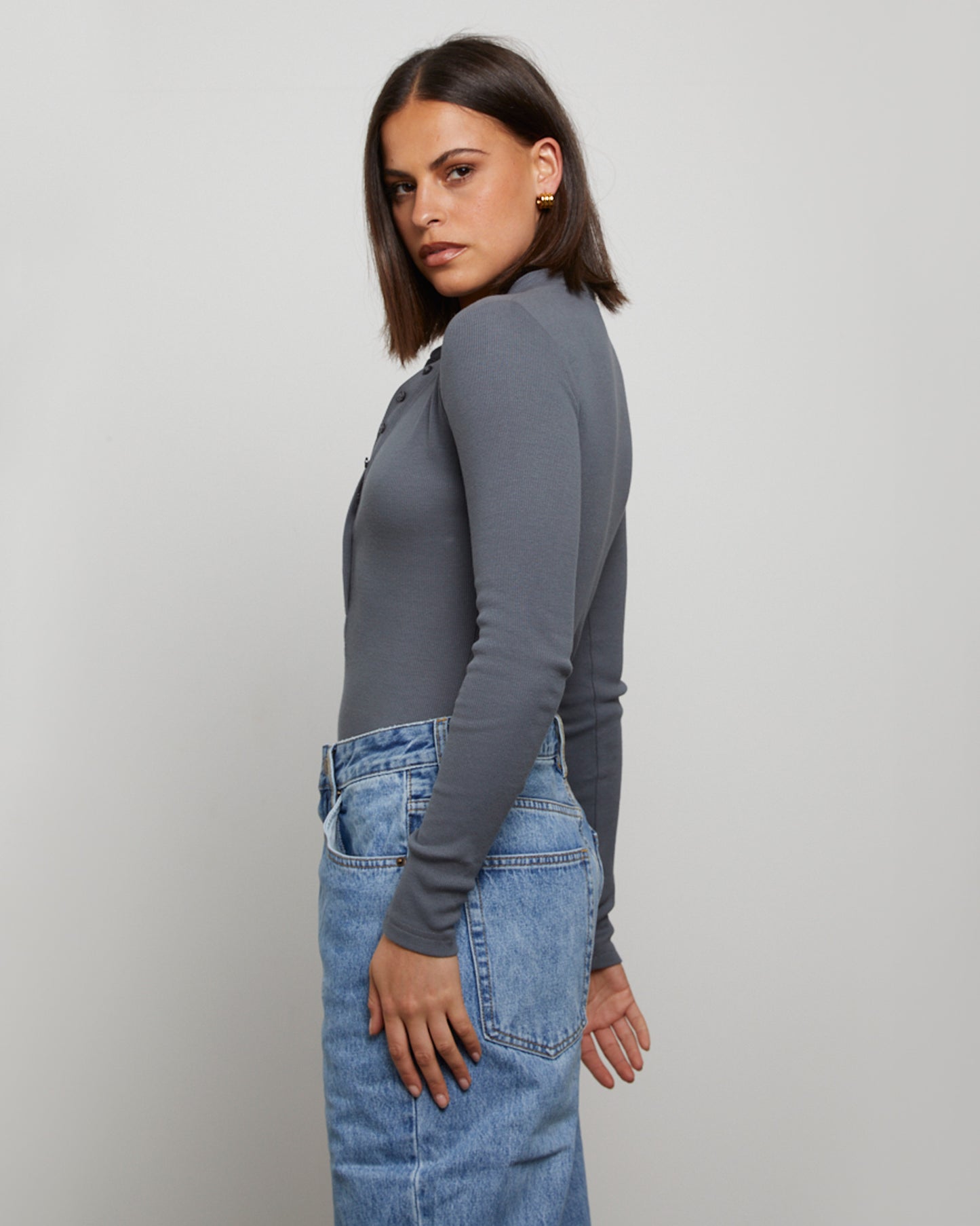 Button Front Long Sleeve Bodysuit in Slate Grey