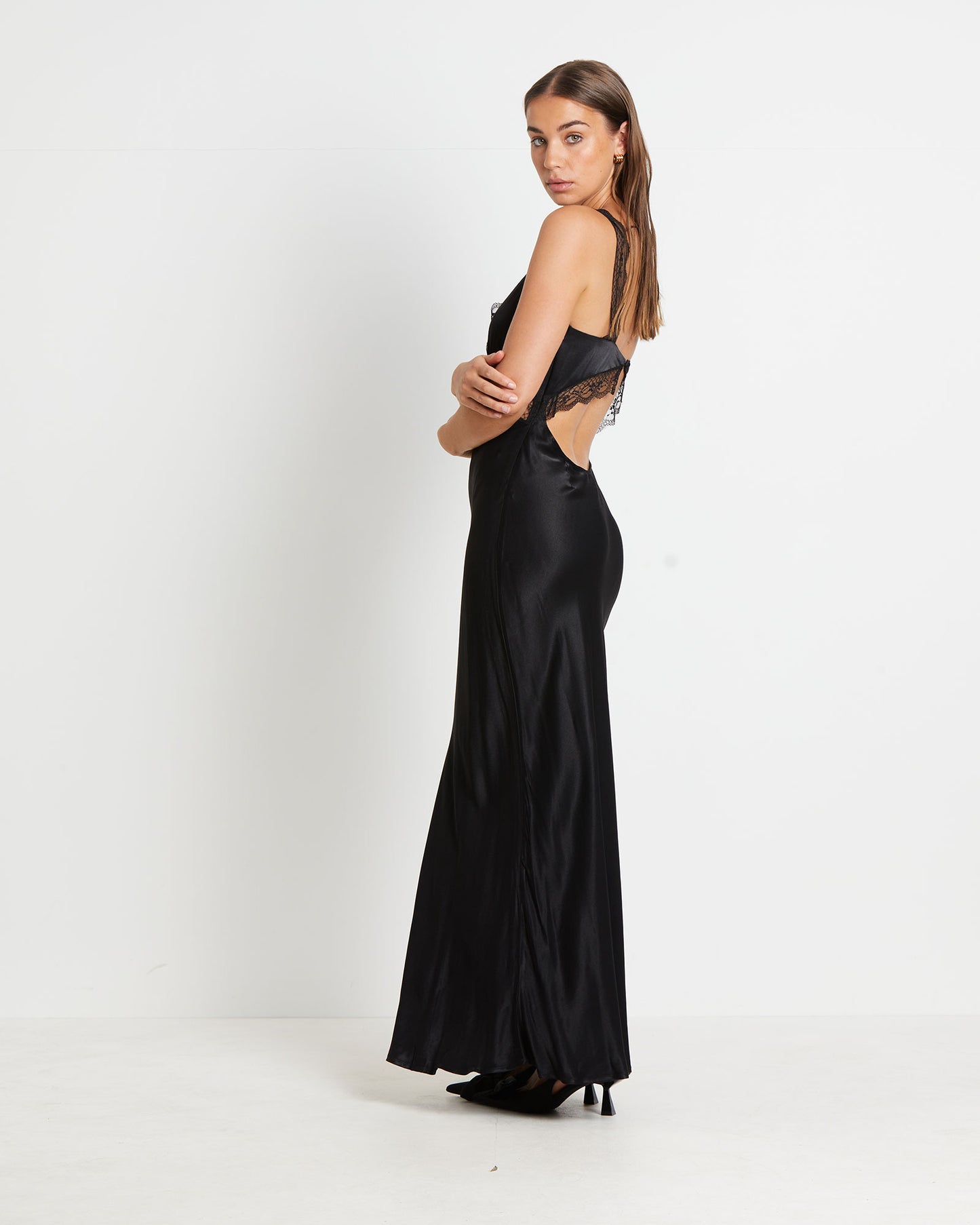 Everleigh Lace Slip Midi Dress in Black