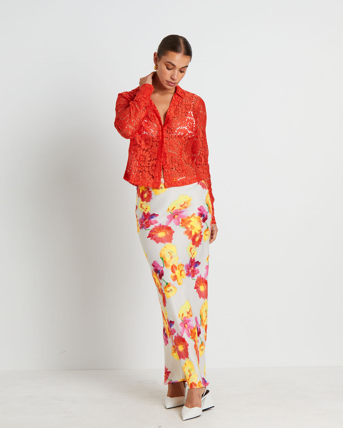 Pip Sheer Lace Long Sleeve Shirt CORAL