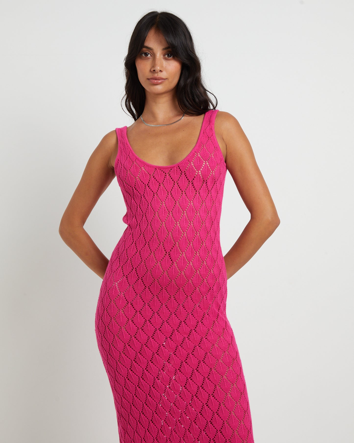 Bodie Crochet Midi Backless Dress in Pink