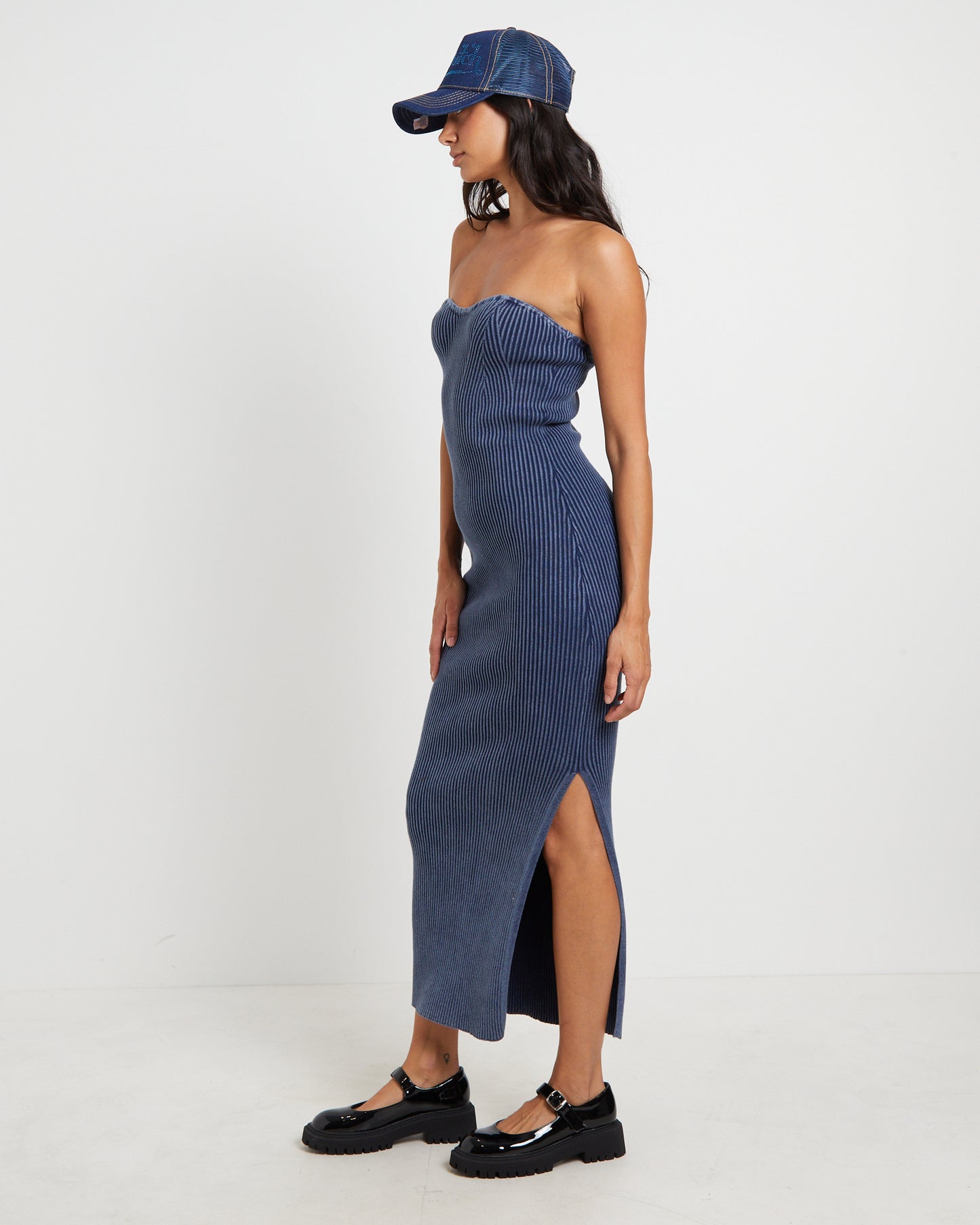 Kiah Acid Rib Knit Bandeau Midi Dress in Blue