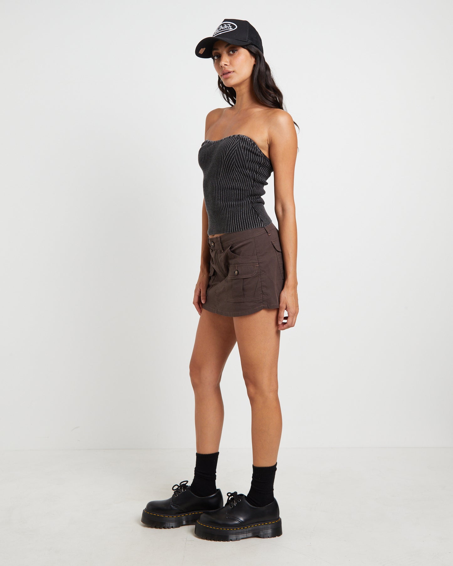 Kiah Acid Rib Knit Bandeau Top in Black