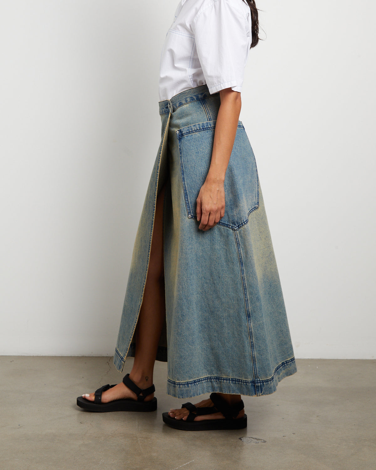 Wrap Denim Maxi Skirt in Dirty Wash DIRTY WASH