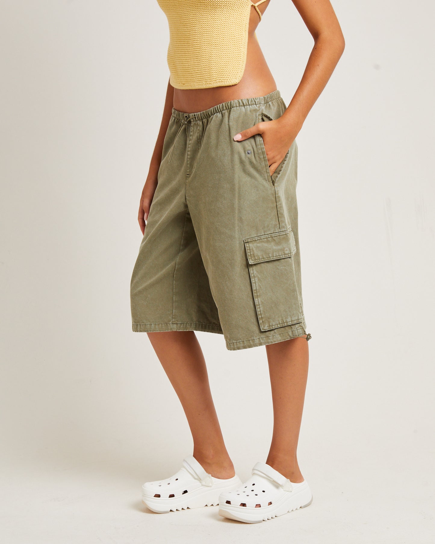 Shallows Cargo Jort Shorts in Khaki
