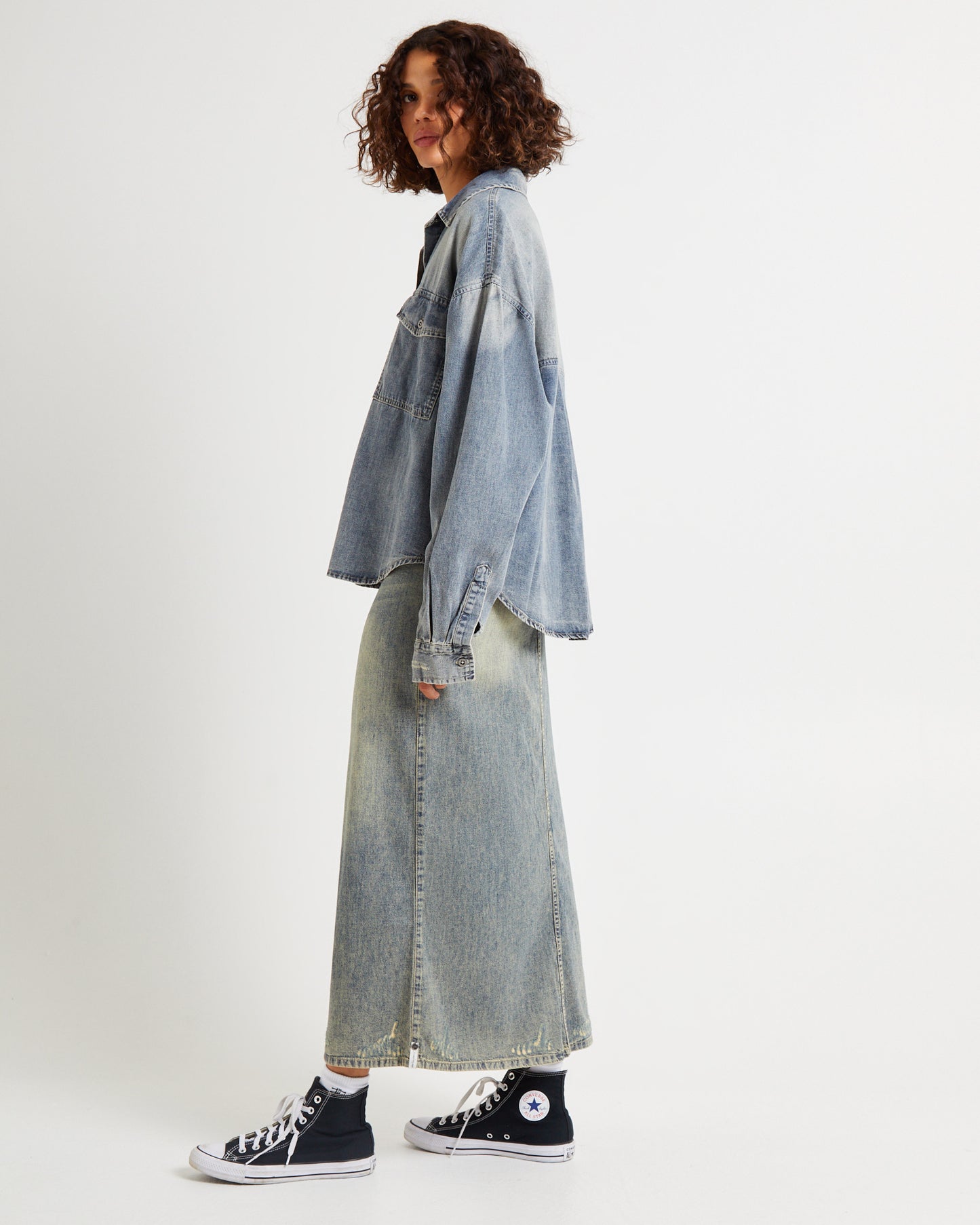 Oversized Denim Western Shirt Dirty Blue