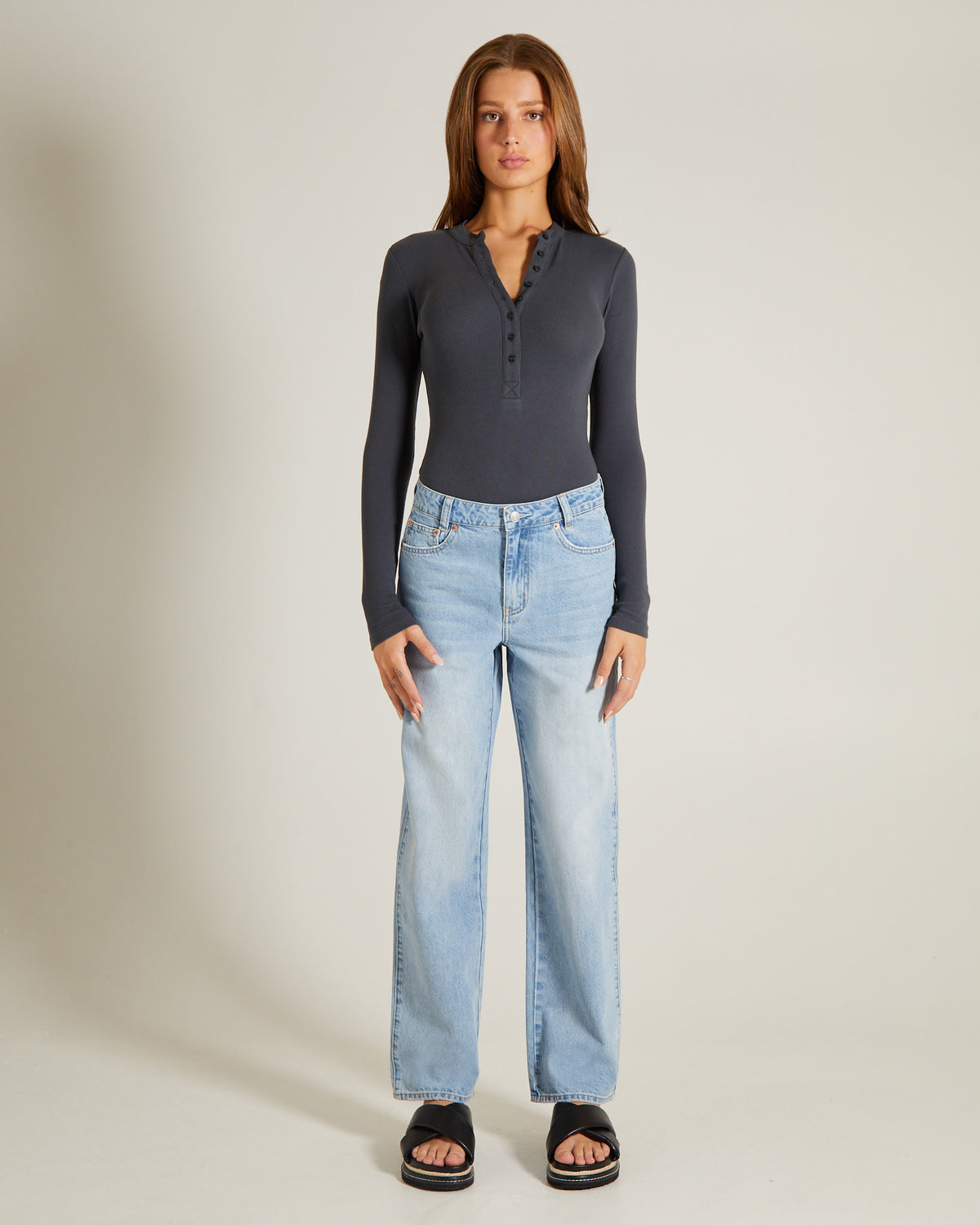 Button Front Long Sleeve Bodysuit CHARCOAL