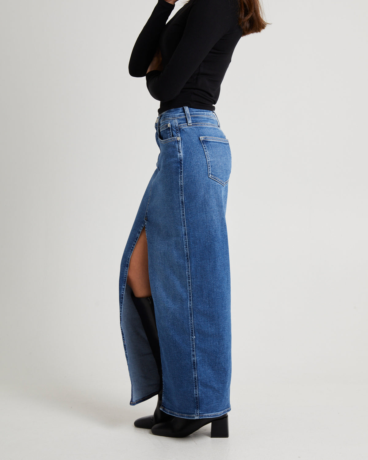 Front Split Hem Denim Maxi Skirt DENIM MEDIUM
