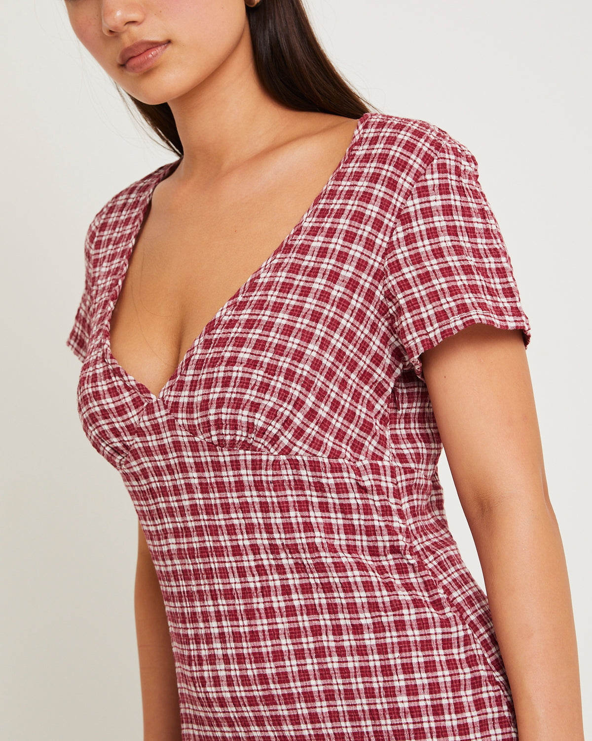 Base Seersucker Mini Dress BURGUNDY CHECK