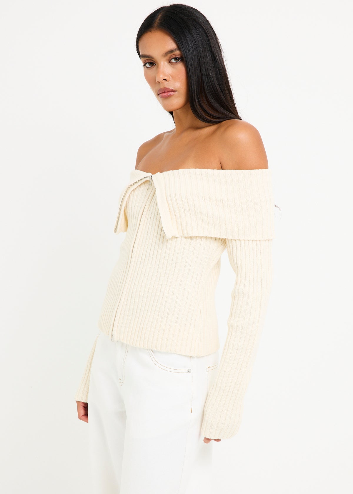 Paloma Zip Off Shoulder Top NATURAL