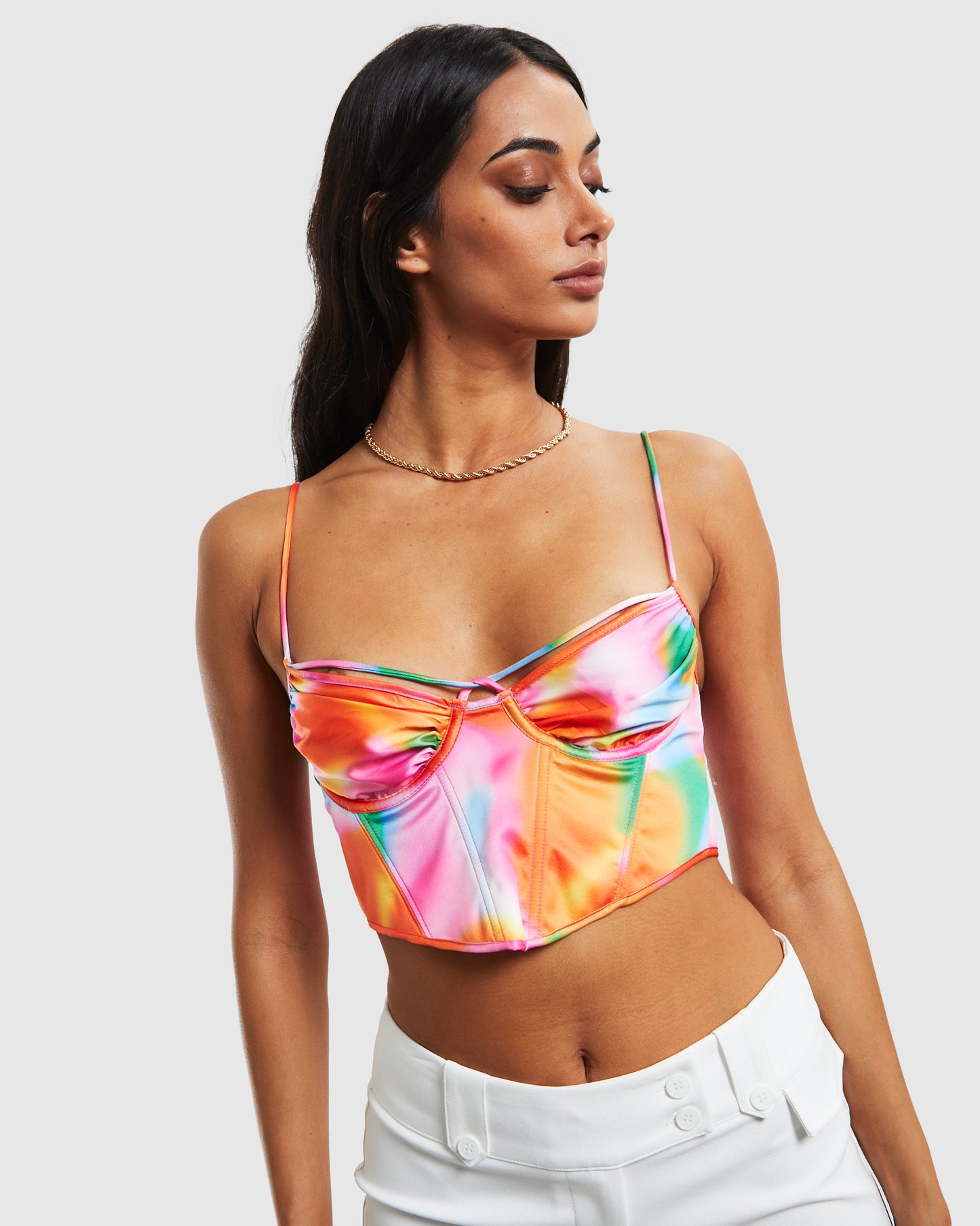 Larissa Strappy Cross Front Sateen Corset Multi Print