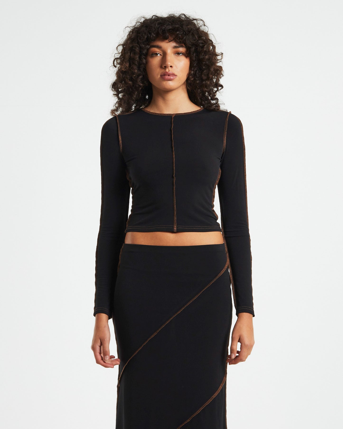 Amelie Slinky Contrast Long Sleeve Top Black