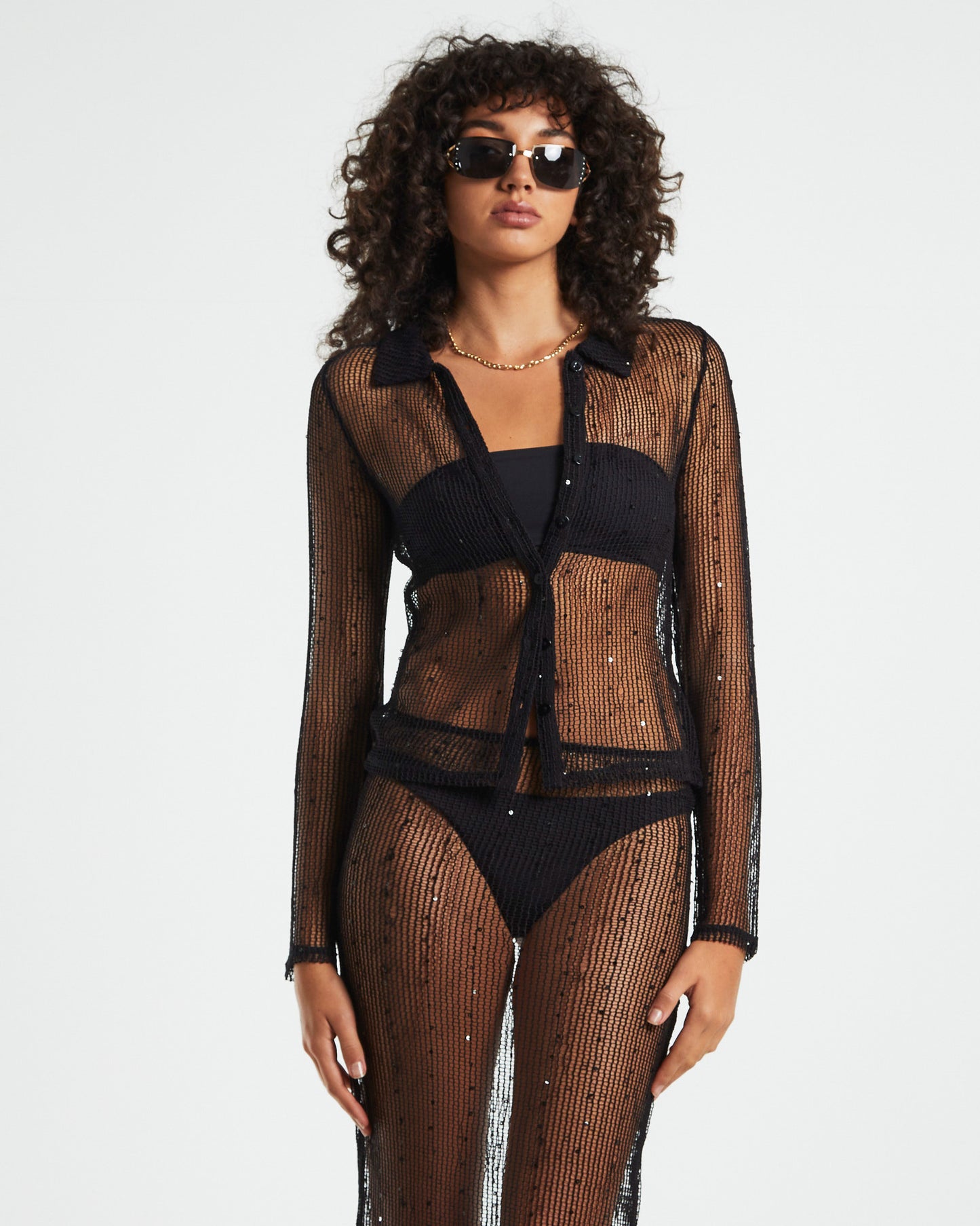 Scarlet Mesh Long Sleeve Knit Shirt Black