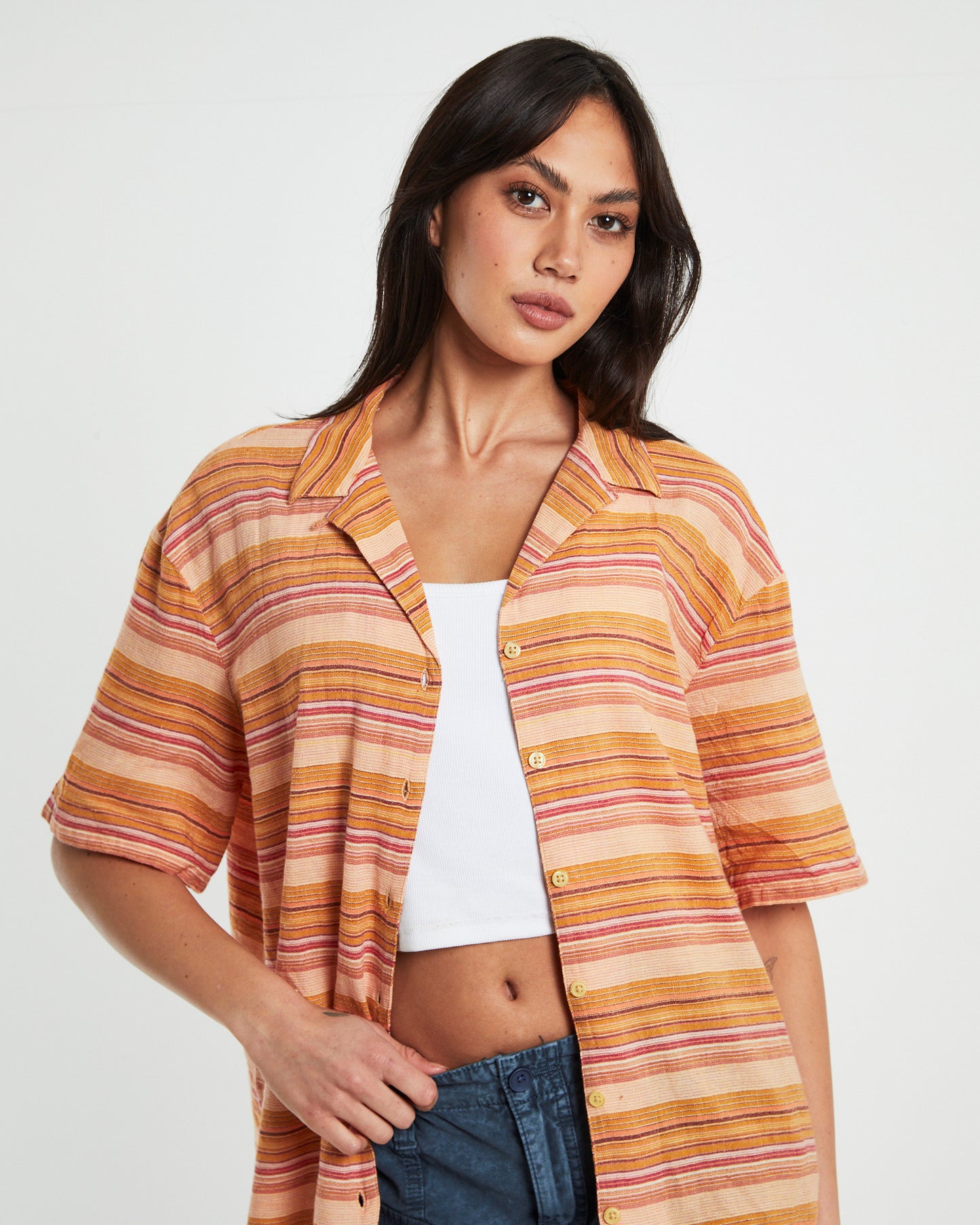 BDG Nolan Bowling Shirt Stripe Orange