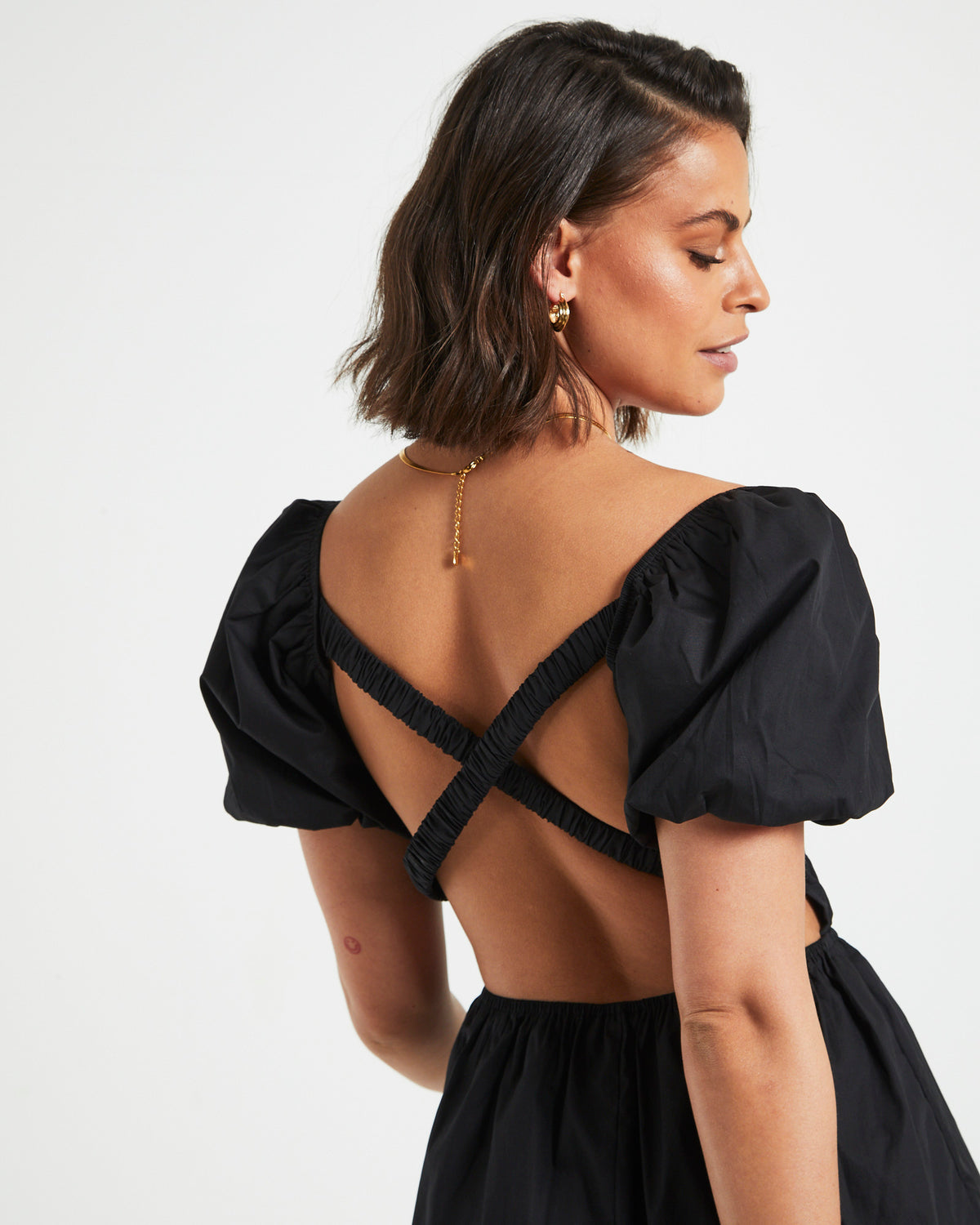 Rylee Backless Puff Sleeve Mini Dress in Black BLACK