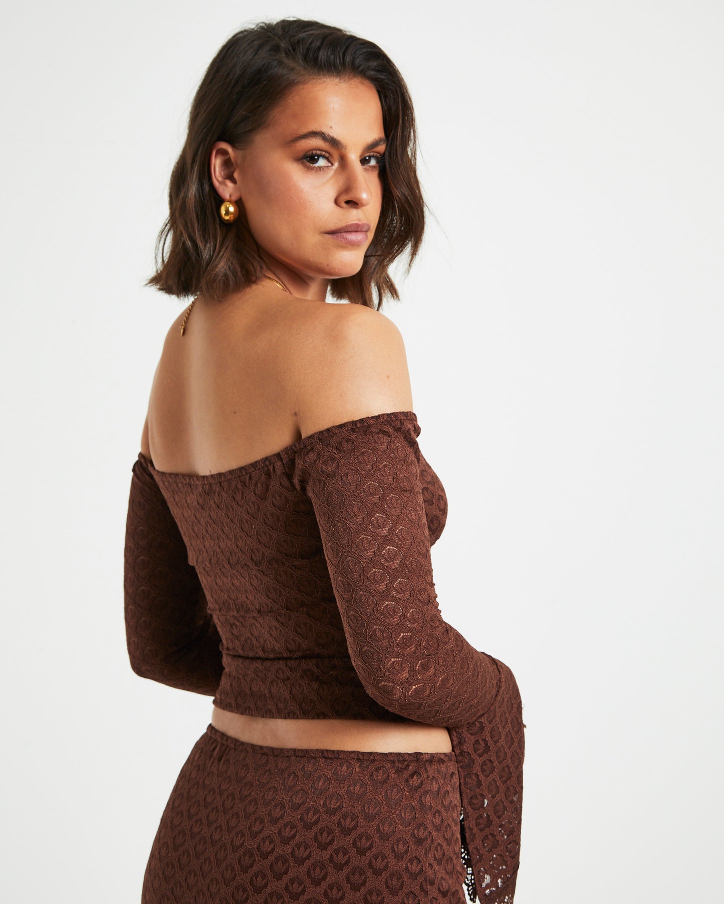 Maya Off Shoulder Long Sleeve Lace Top in Chocolate Brown