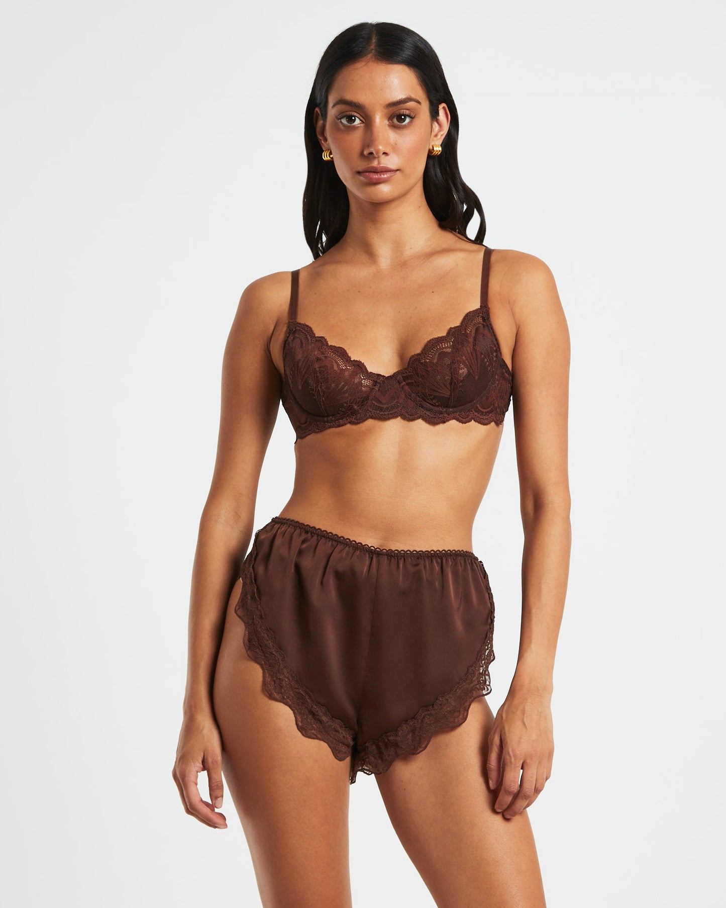 Exie Cheeky Runner Silky Shorts in Chocolate Brown