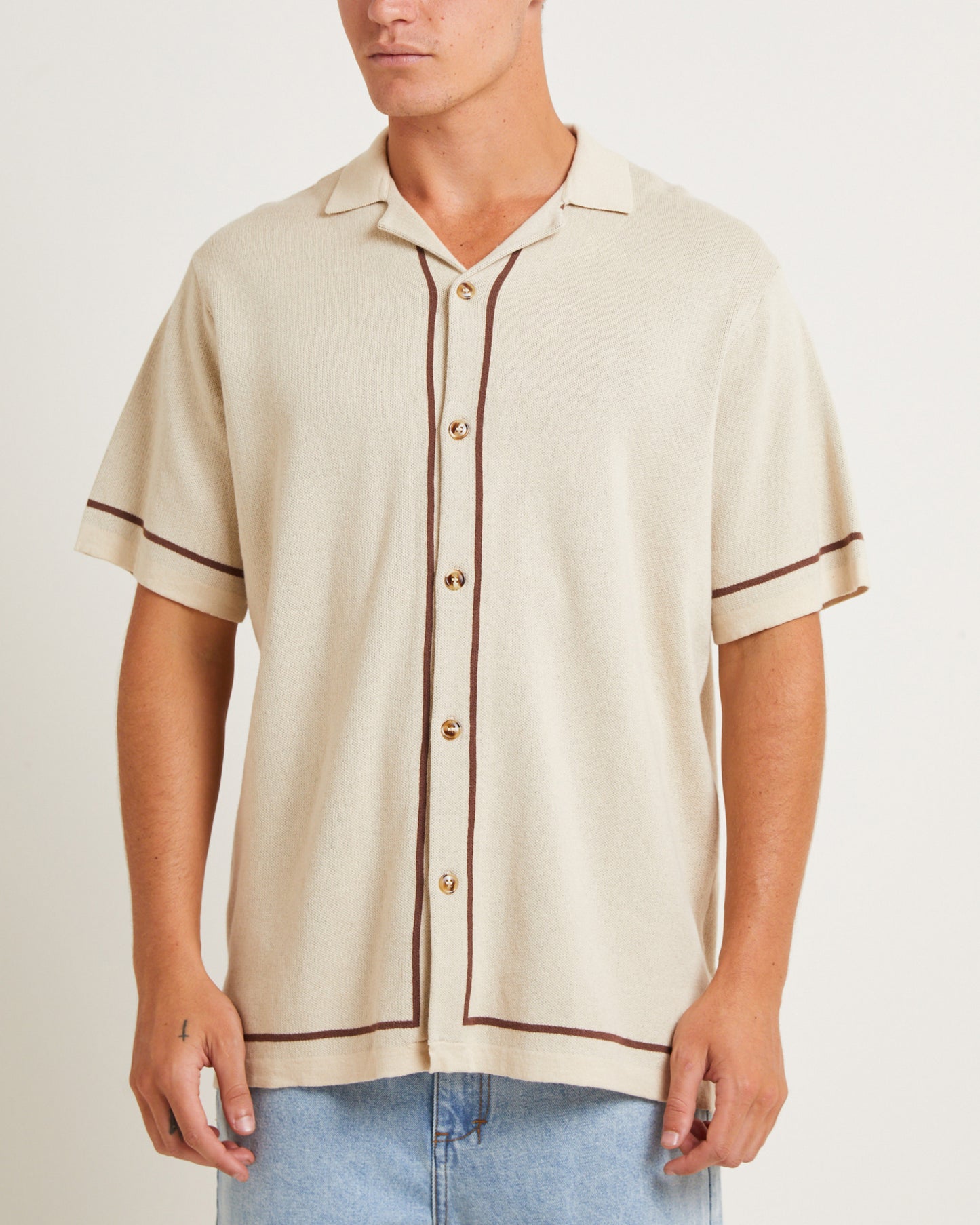 Knit Bowling Short Sleeve Shirt in Natural