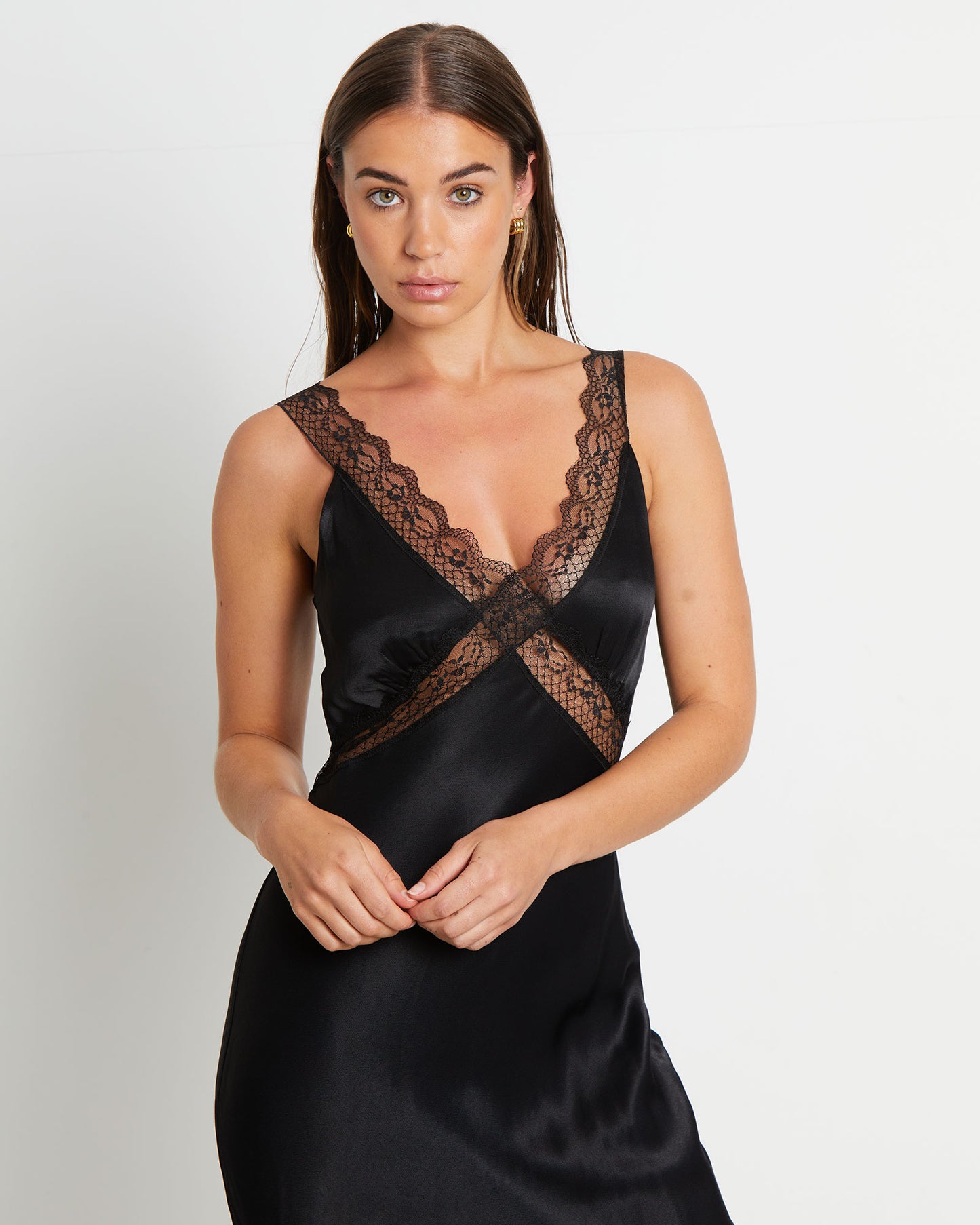 Everleigh Lace Slip Midi Dress in Black