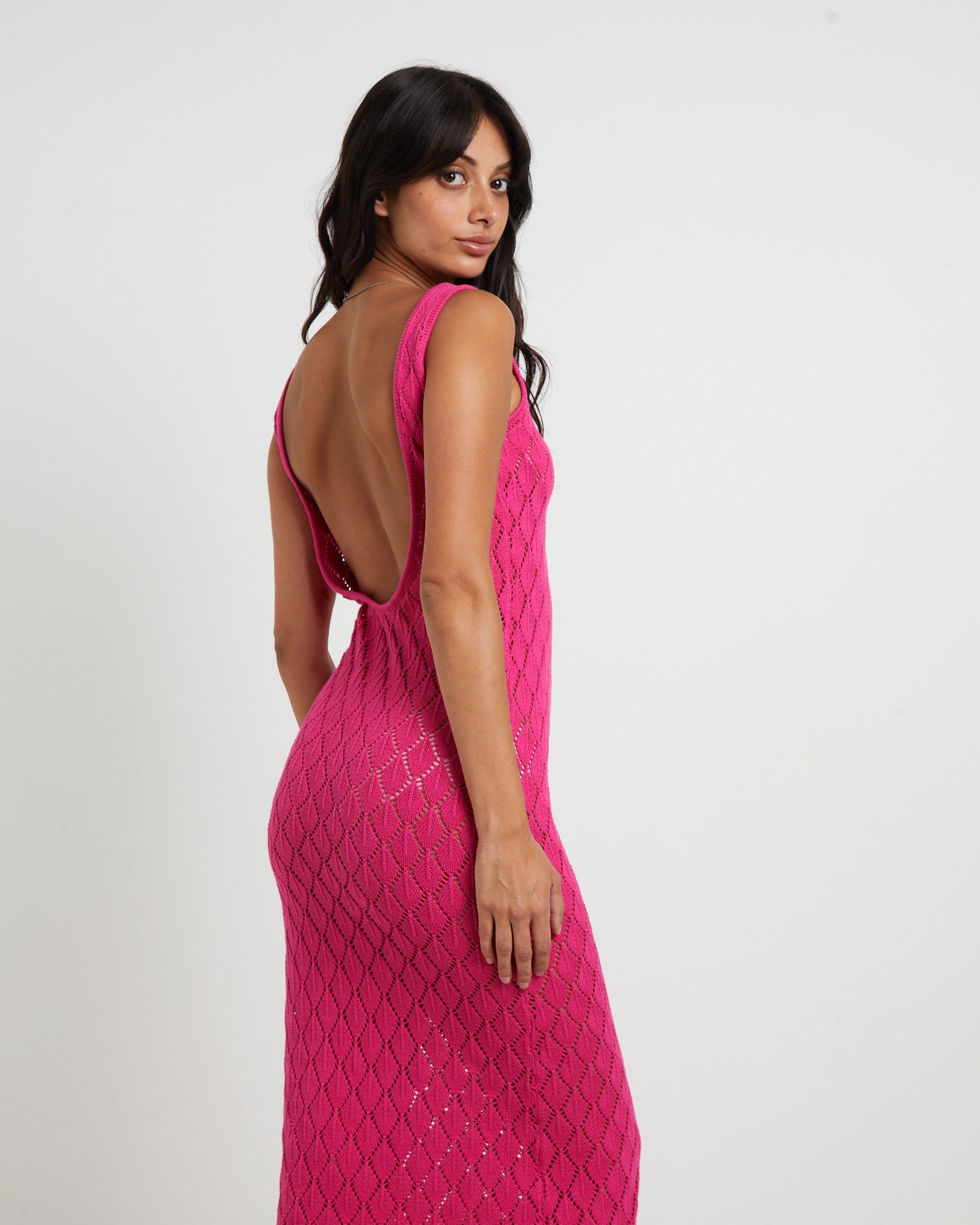 Bodie Crochet Midi Backless Dress in Pink