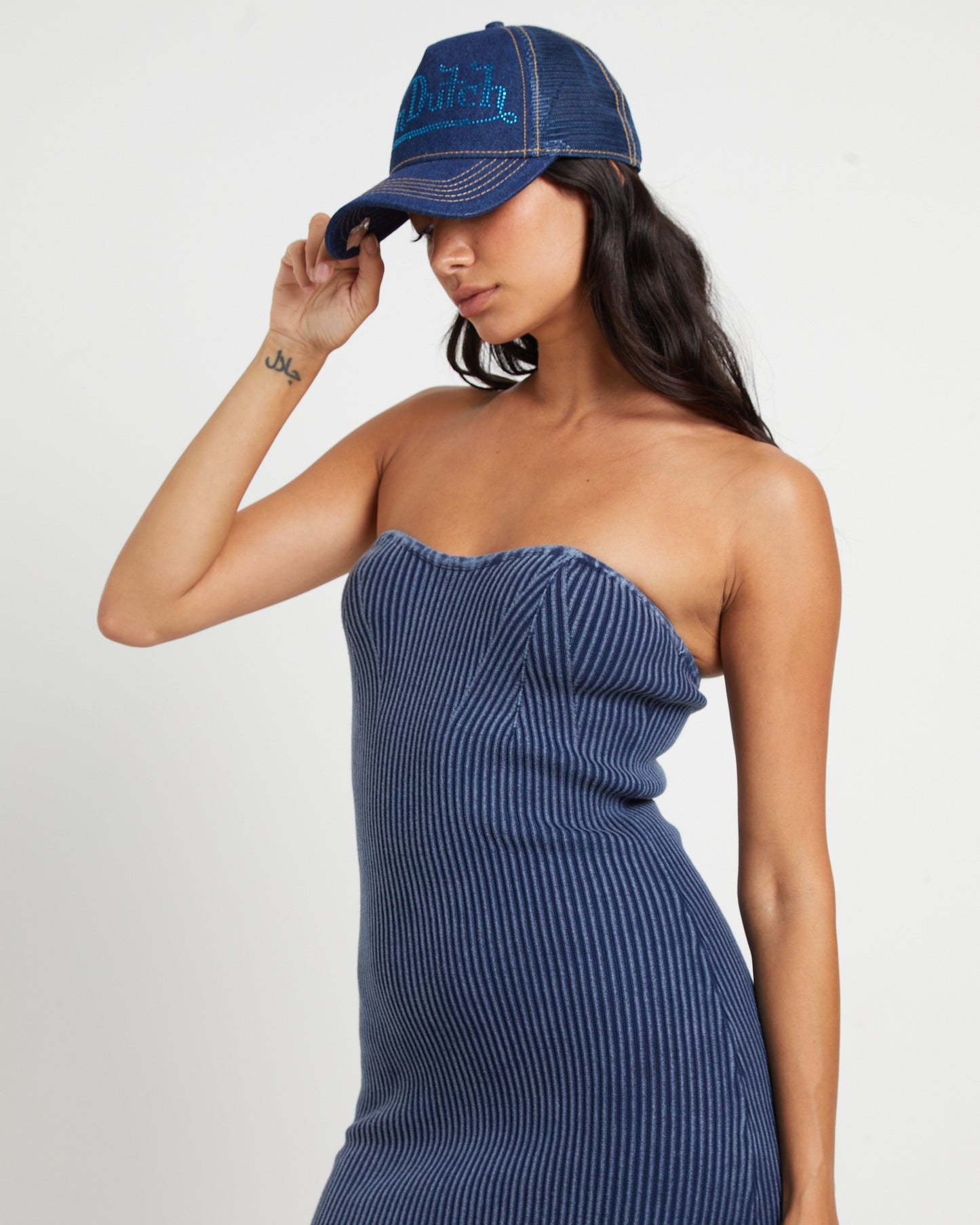 Kiah Acid Rib Knit Bandeau Midi Dress in Blue