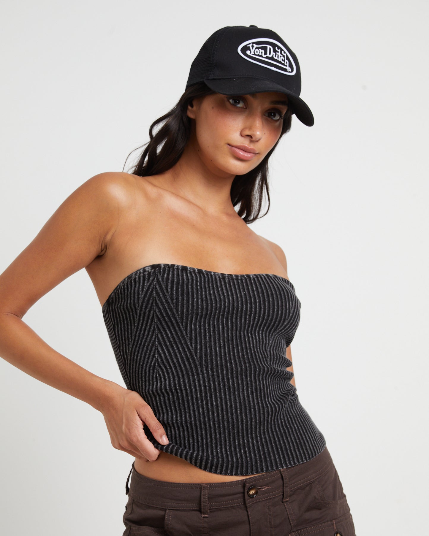 Kiah Acid Rib Knit Bandeau Top in Black
