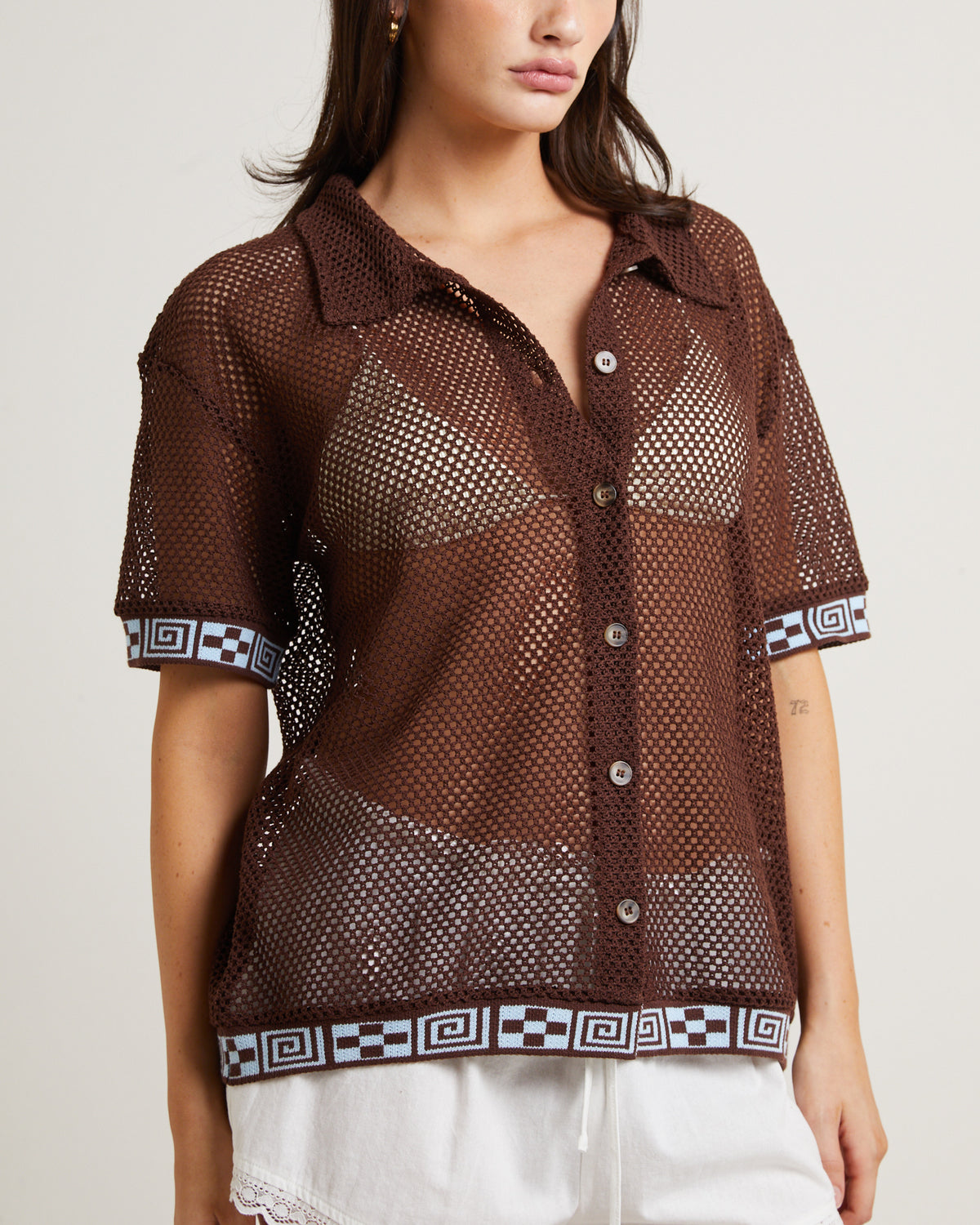 Dimension Crochet Short Sleeve Shirt in Chocolate BROWN