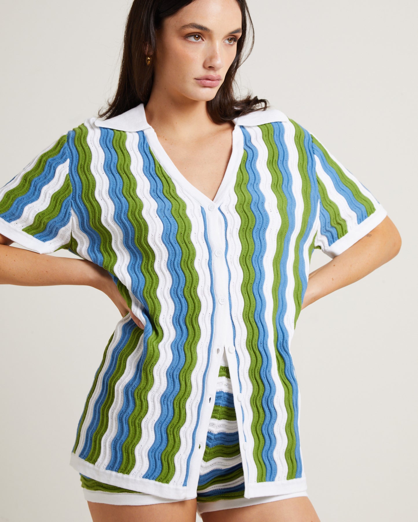 Cher Knit Shirt Dress in Blue