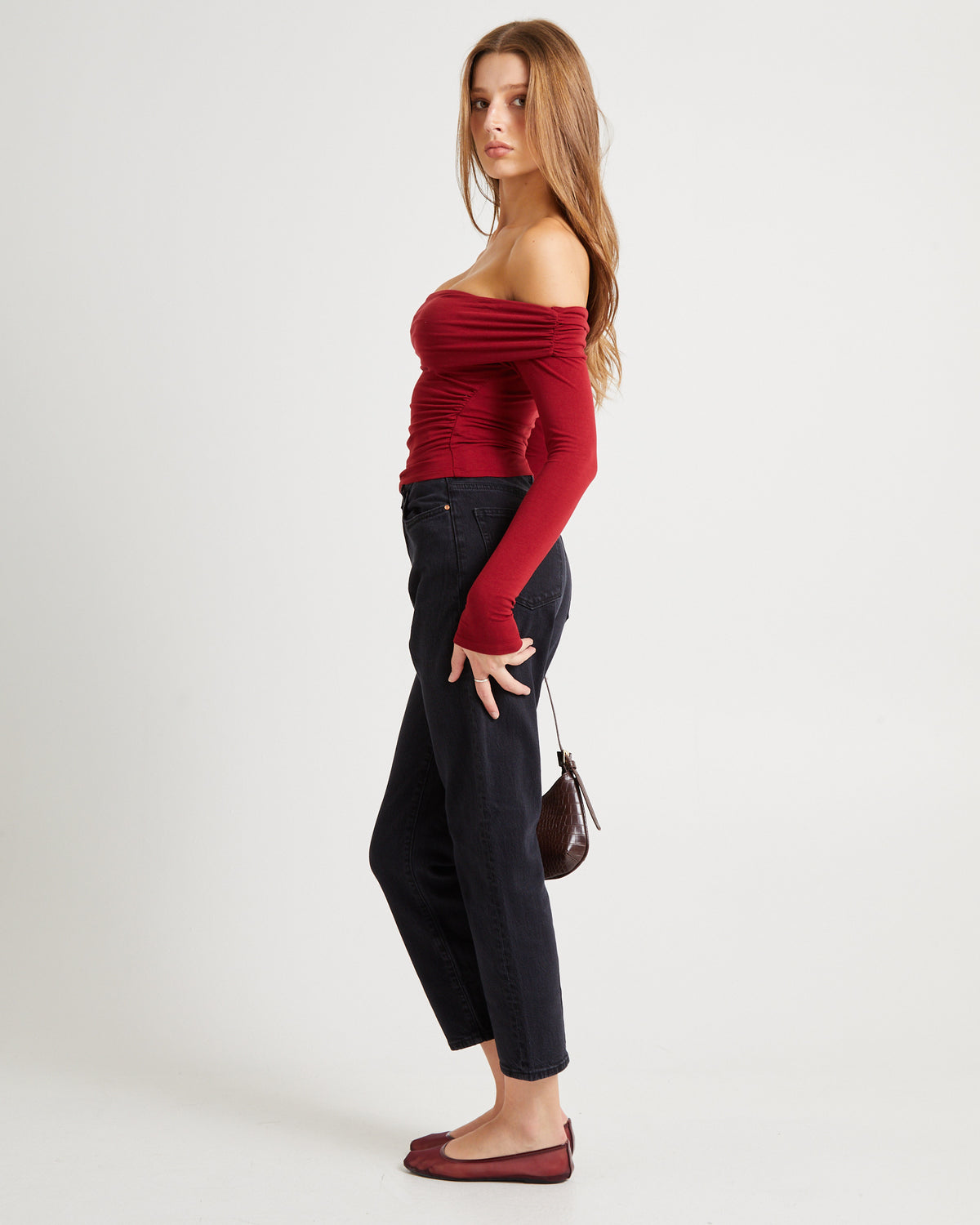 Kia Cold Shoulder Ruch Top CHERRY