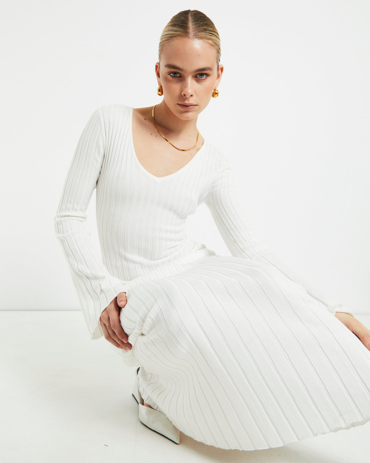 Sophie Long Sleeve Rib Knit Dress WHITE