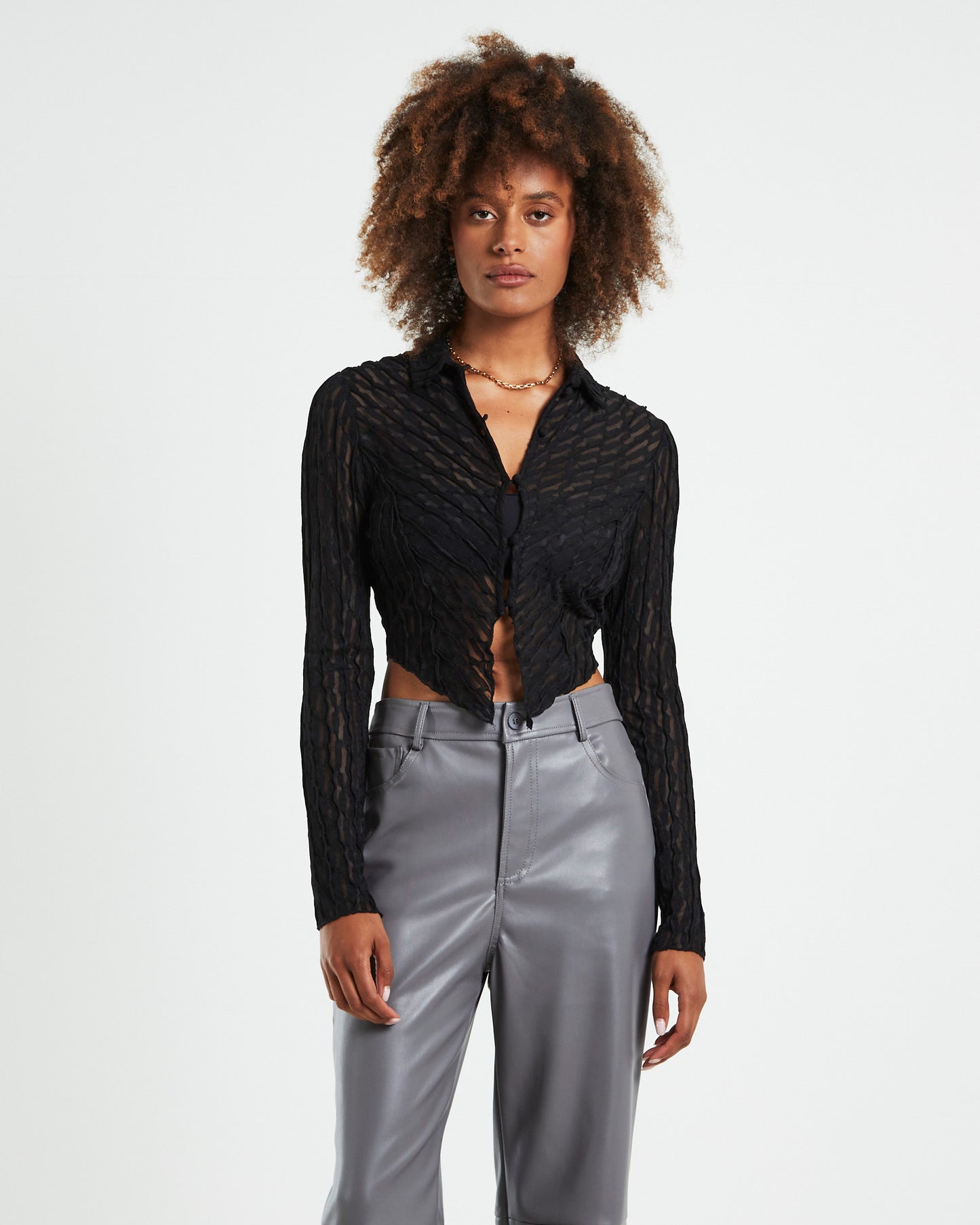 Aisha Textured Mesh Butterfly Hem Long Sleeve Shirt Black