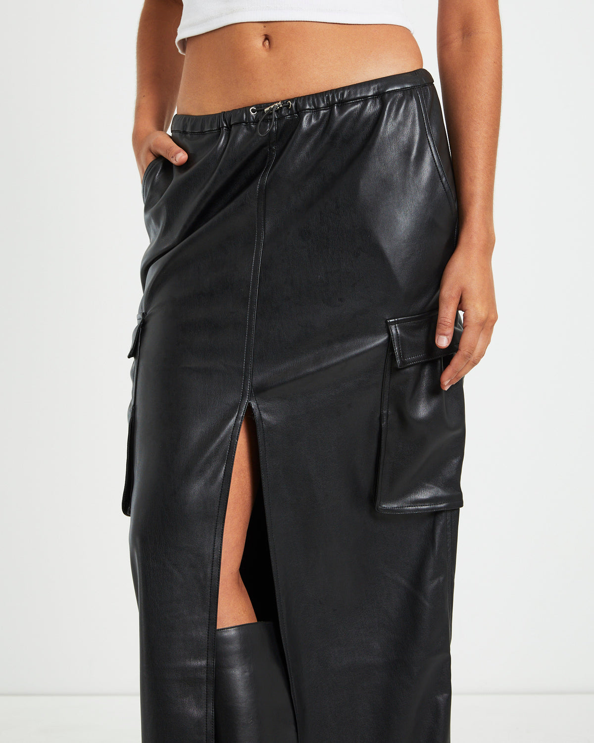 Phoebe Leather Look Cargo Skirt Black BLACK